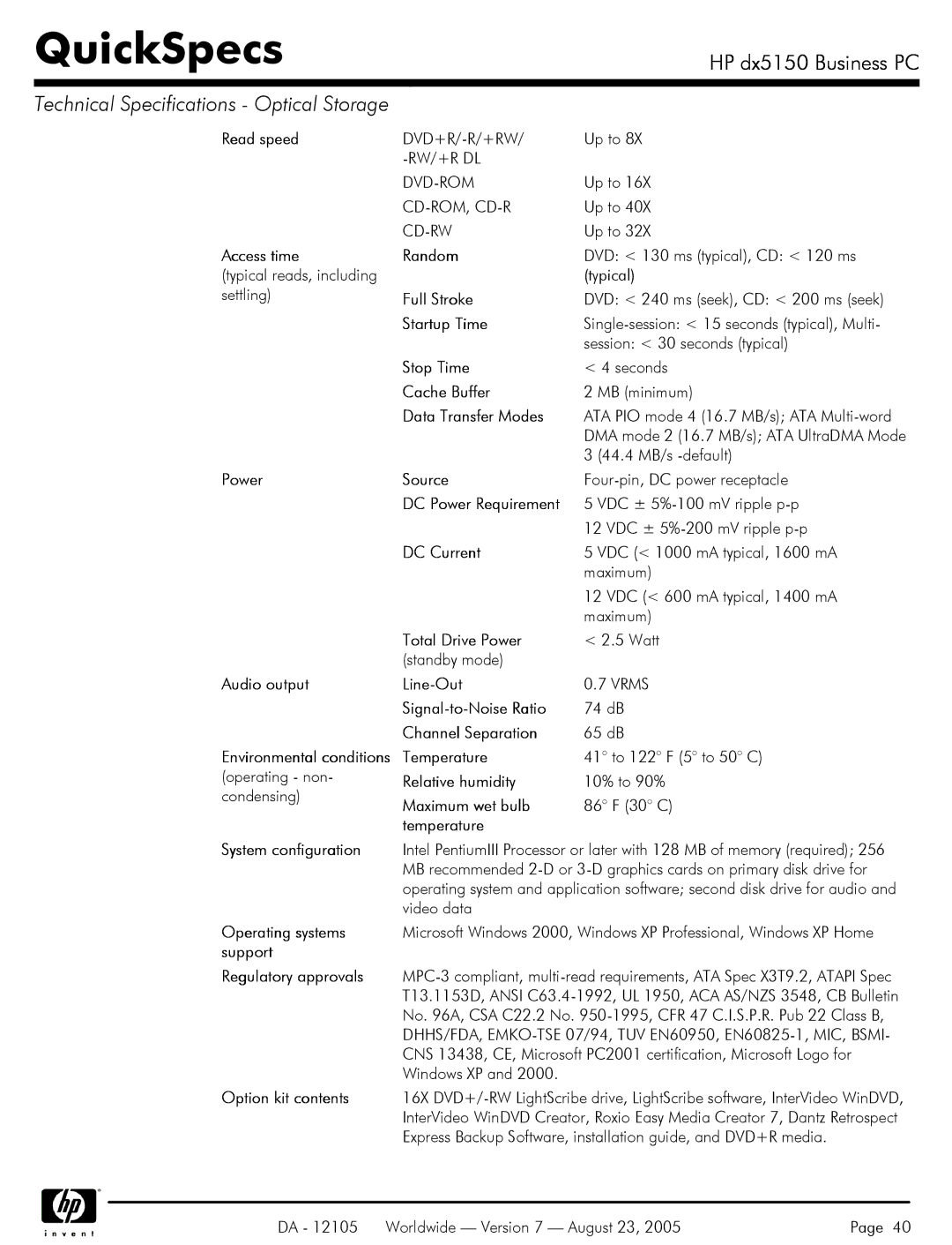 HP dx5150 Read speed, Access time Random, Total Drive Power, Audio output Line-Out, Signal-to-Noise Ratio, Temperature 