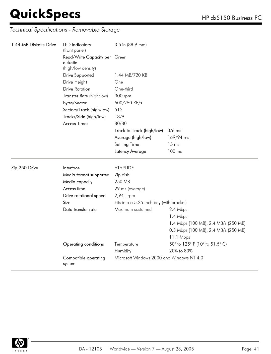 HP dx5150 manual Technical Specifications Removable Storage 