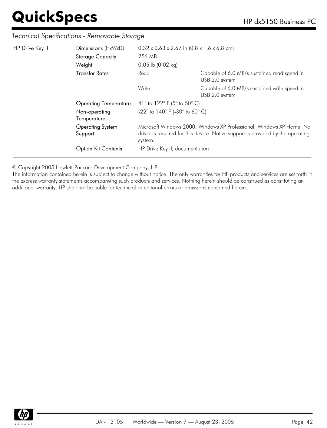 HP dx5150 manual HP Drive Key Dimensions HxWxD, Storage Capacity, Transfer Rates, Temperature Operating System 