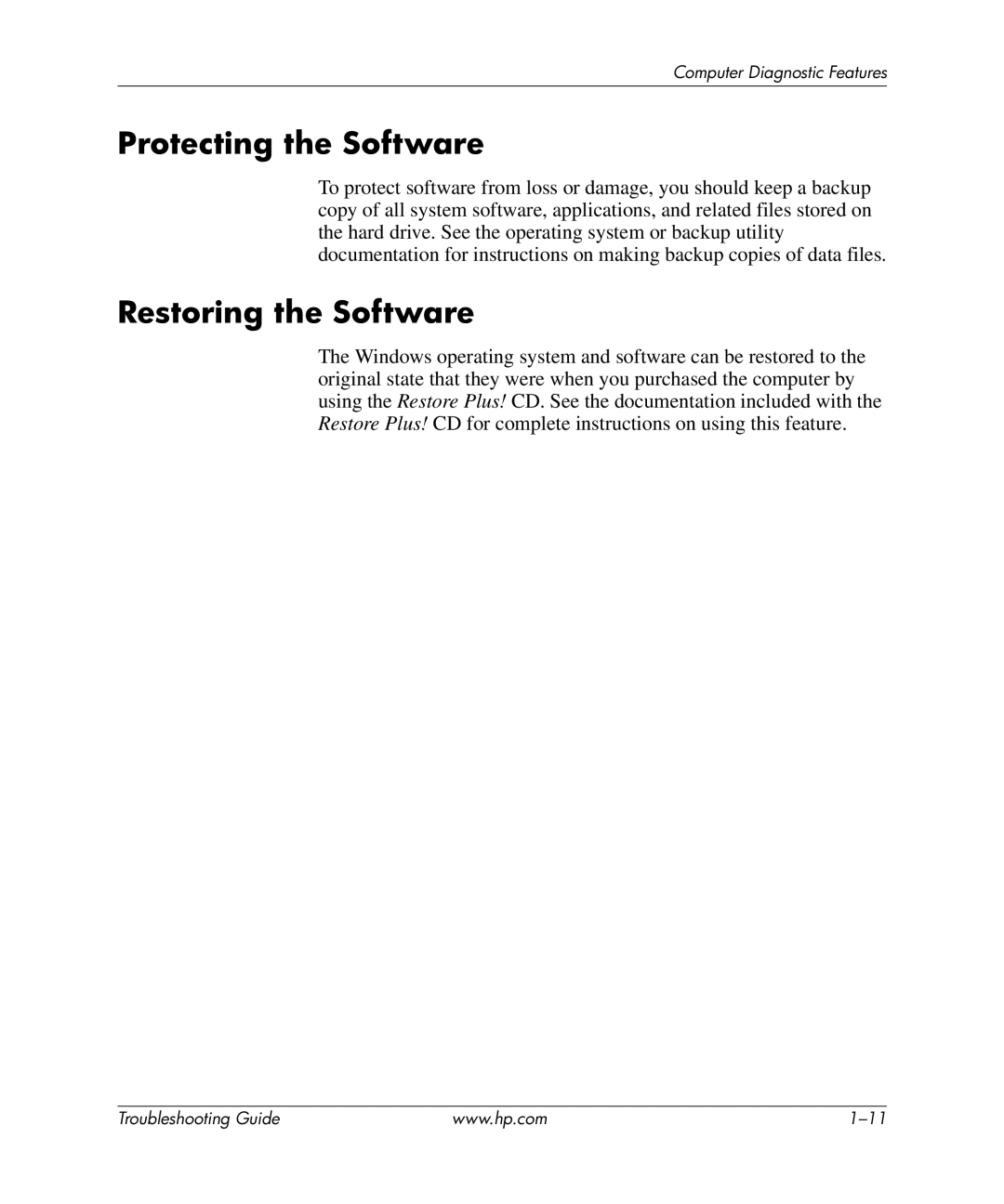 HP dx5150 manual Protecting the Software, Restoring the Software 