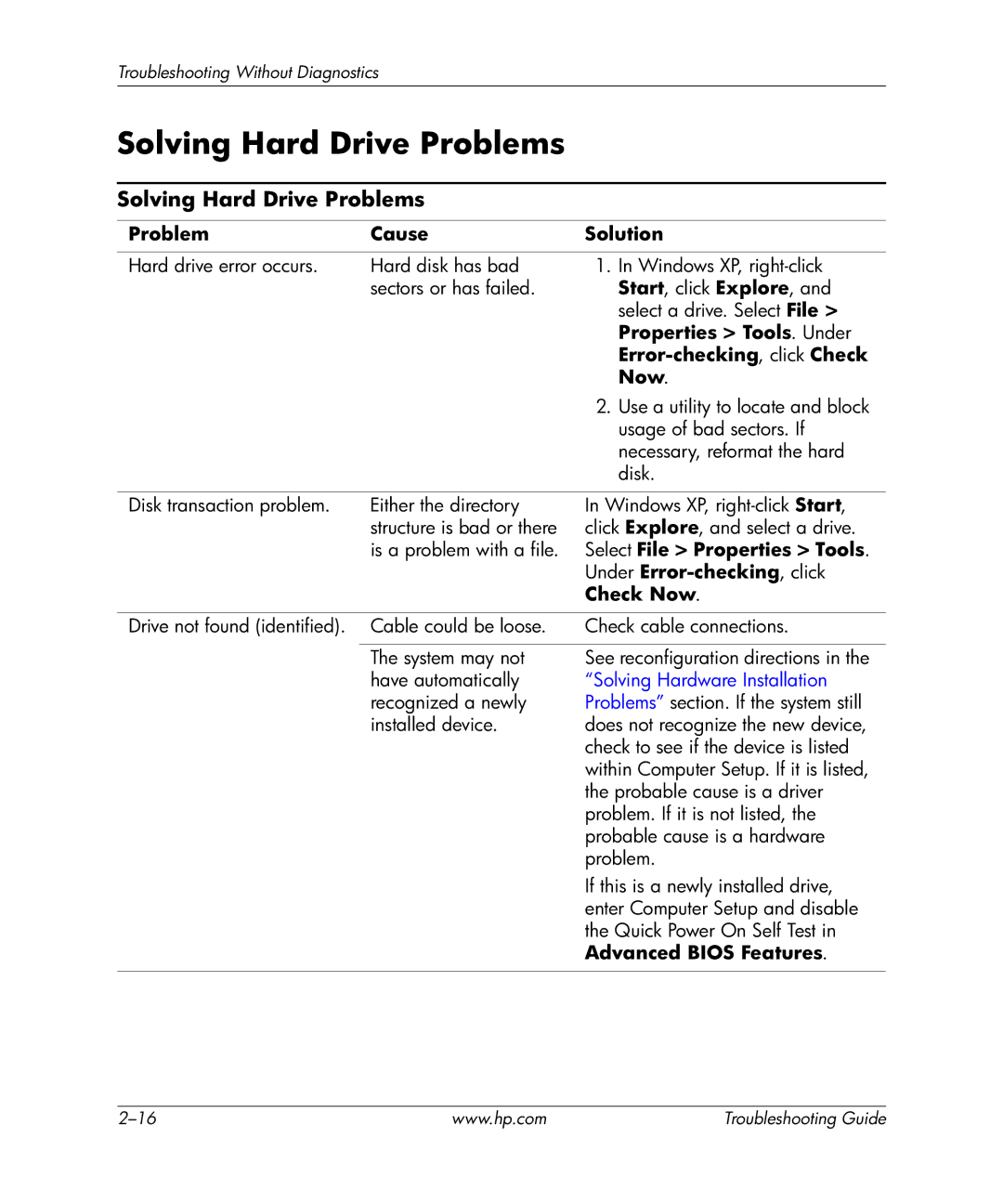 HP dx5150 manual Solving Hard Drive Problems 