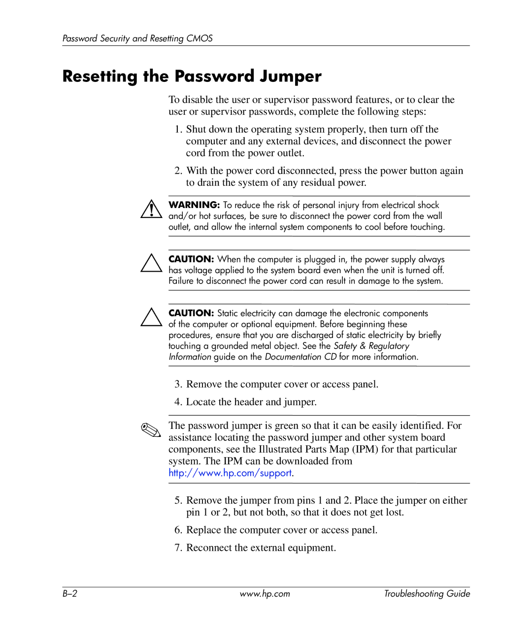 HP dx5150 manual Resetting the Password Jumper 