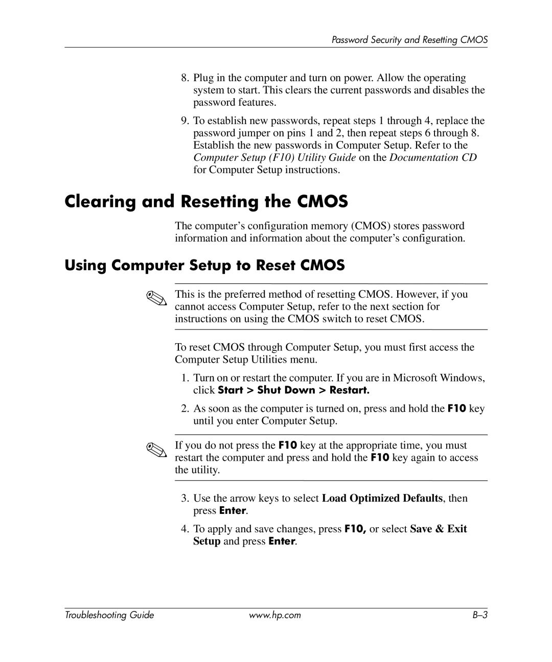 HP dx5150 manual Clearing and Resetting the Cmos, Using Computer Setup to Reset Cmos 