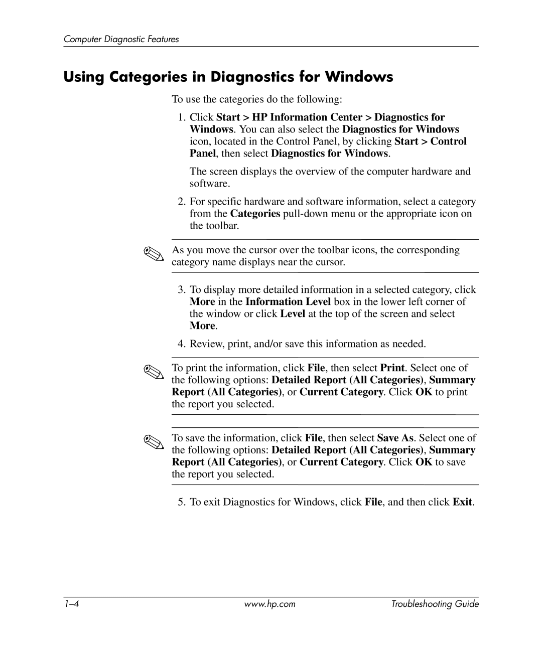 HP dx5150 manual Using Categories in Diagnostics for Windows 