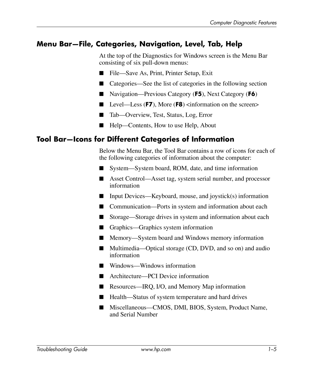 HP dx5150 manual Menu Bar-File, Categories, Navigation, Level, Tab, Help 