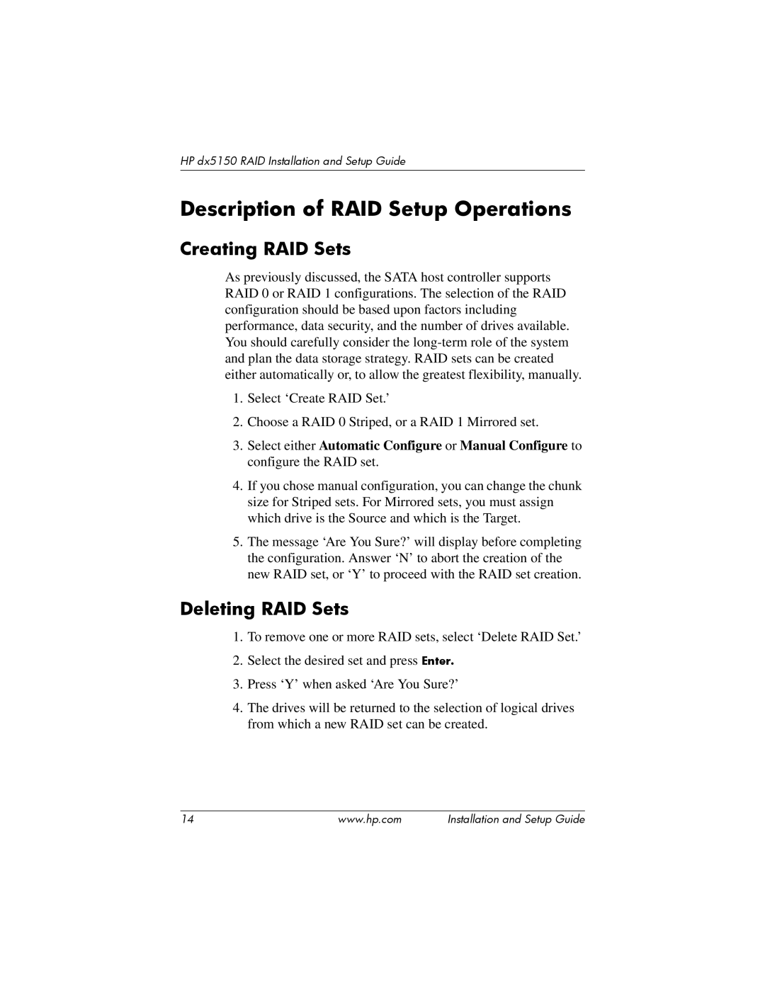 HP dx5150 manual Description of RAID Setup Operations, Creating RAID Sets, Deleting RAID Sets 