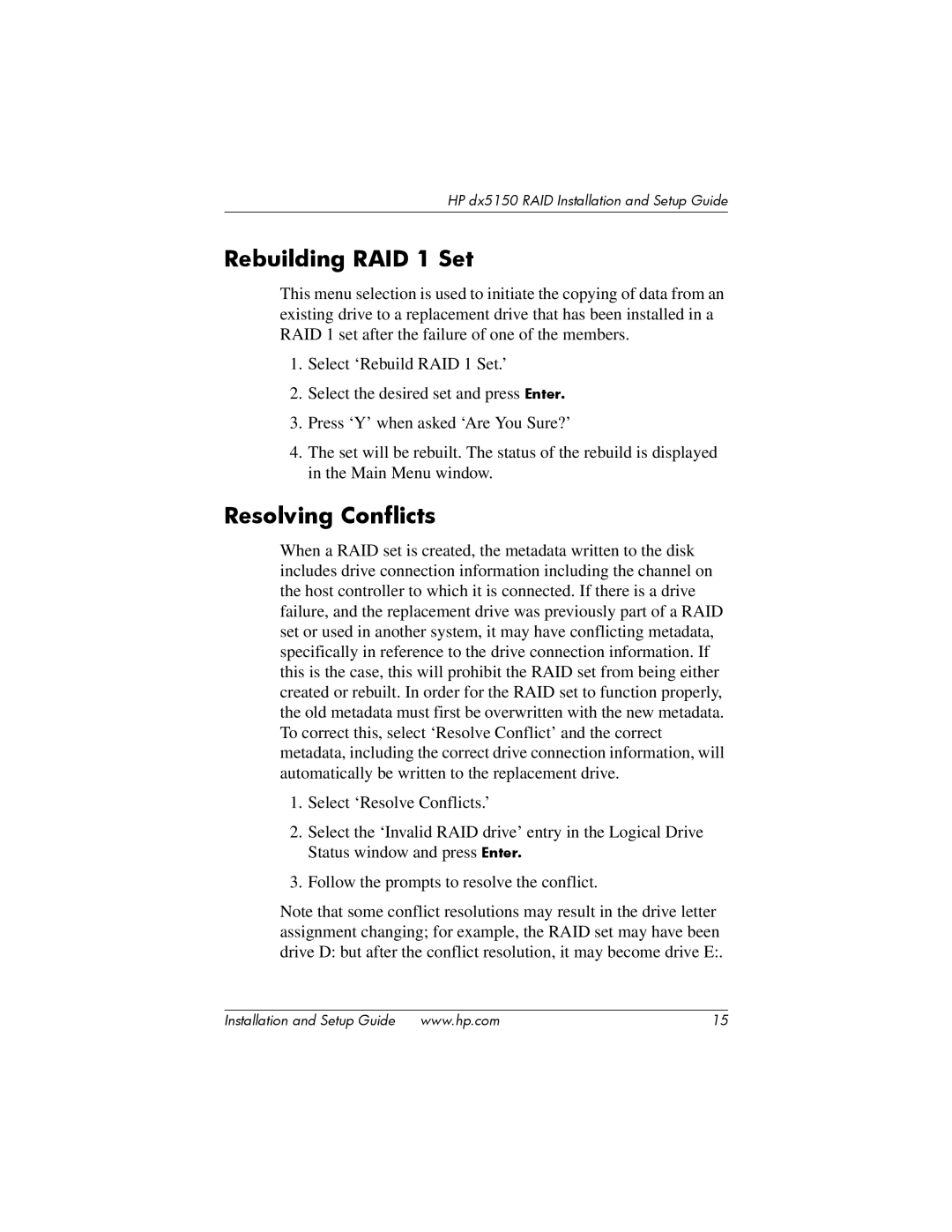 HP dx5150 manual Rebuilding RAID 1 Set, Resolving Conflicts 