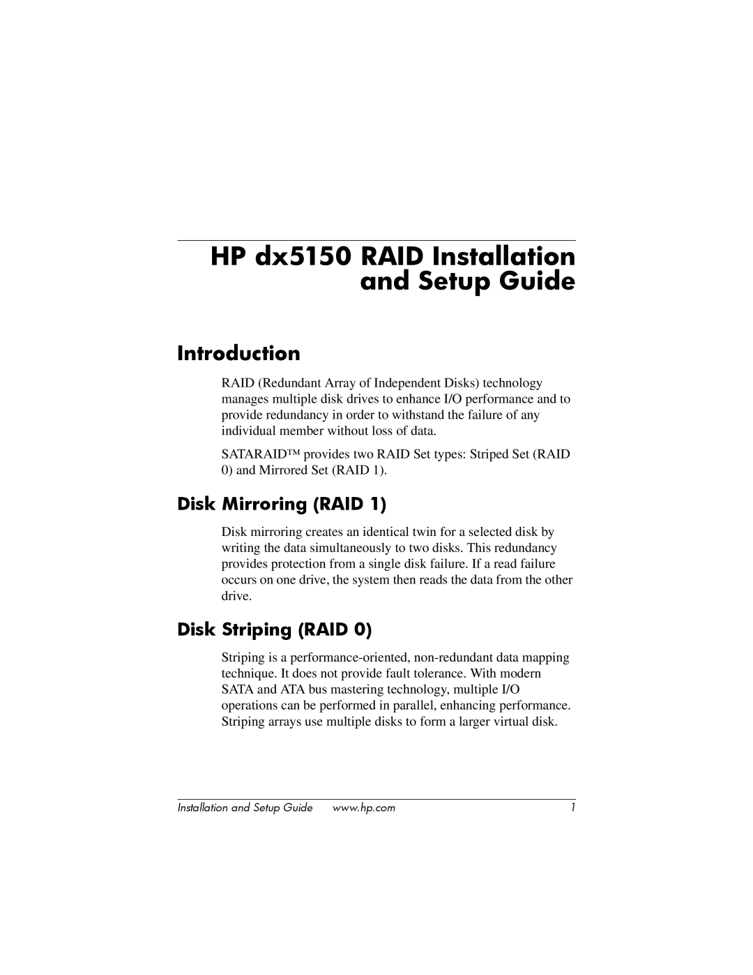 HP dx5150 manual Introduction, Disk Mirroring RAID, Disk Striping RAID 