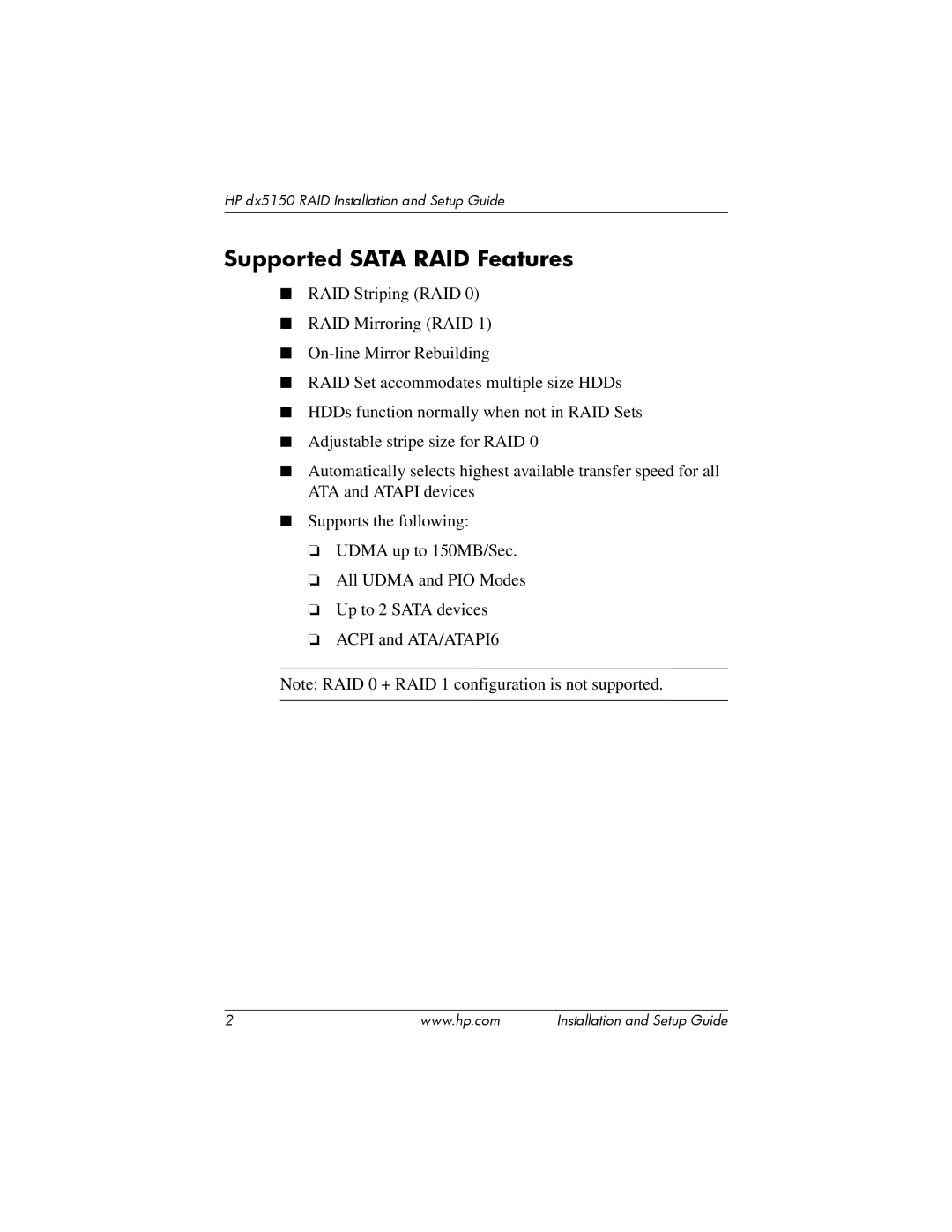 HP dx5150 manual Supported Sata RAID Features 