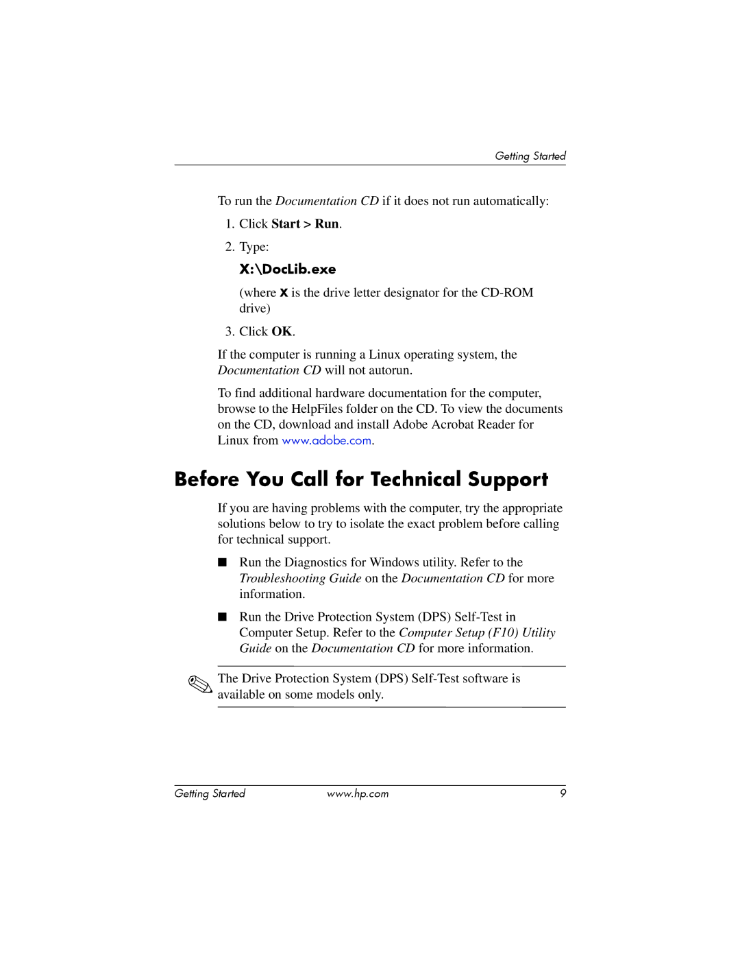 HP dx6100 manual Before You Call for Technical Support, DocLib.exe 