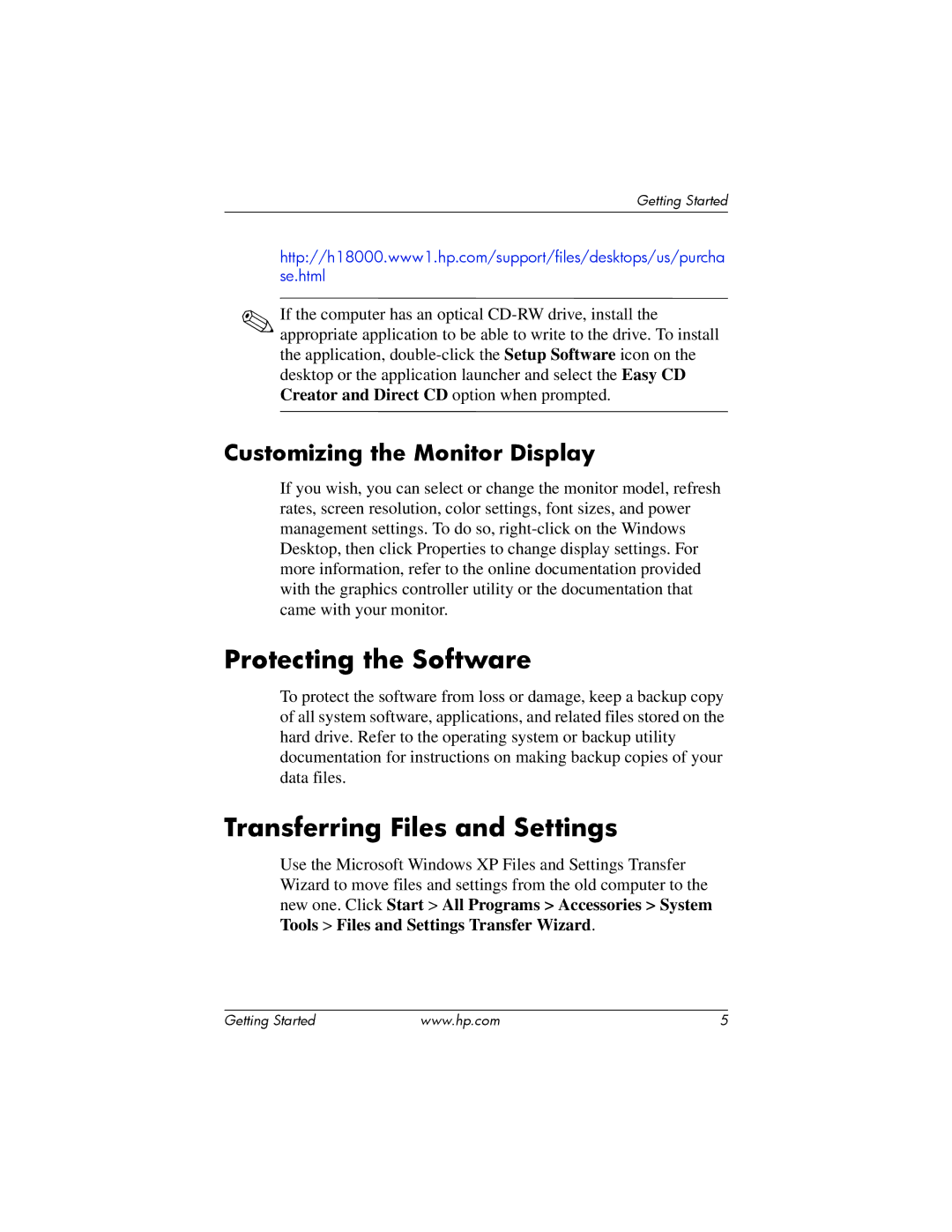 HP dx6100 manual Protecting the Software, Transferring Files and Settings, Customizing the Monitor Display 