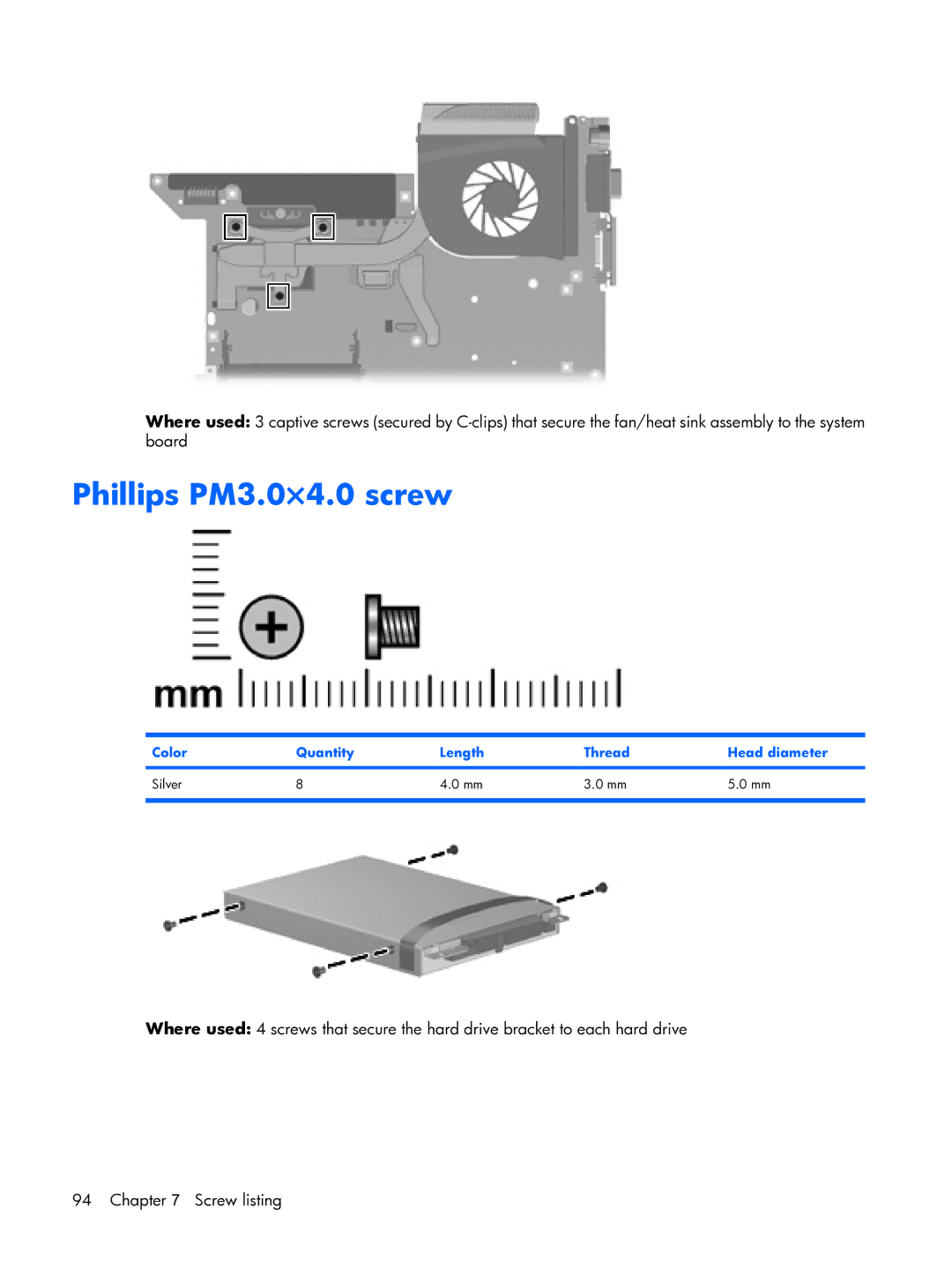 HP DX6500 manual Phillips PM3.0×4.0 screw, Color Quantity Length Thread Head diameter Silver 