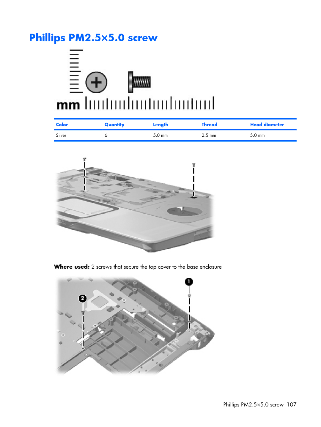 HP DX6500 manual Phillips PM2.5×5.0 screw 