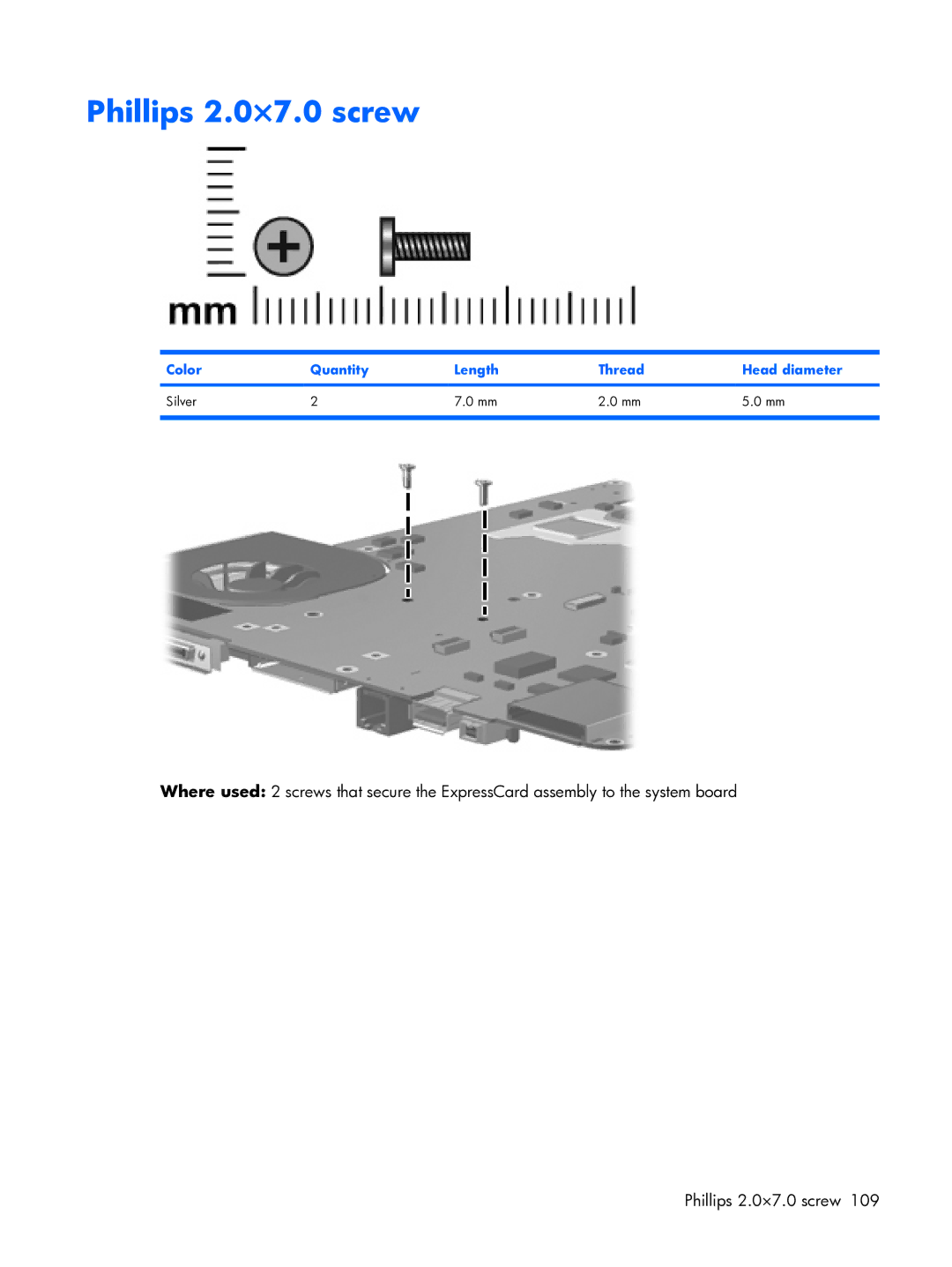 HP DX6500 manual Phillips 2.0×7.0 screw 