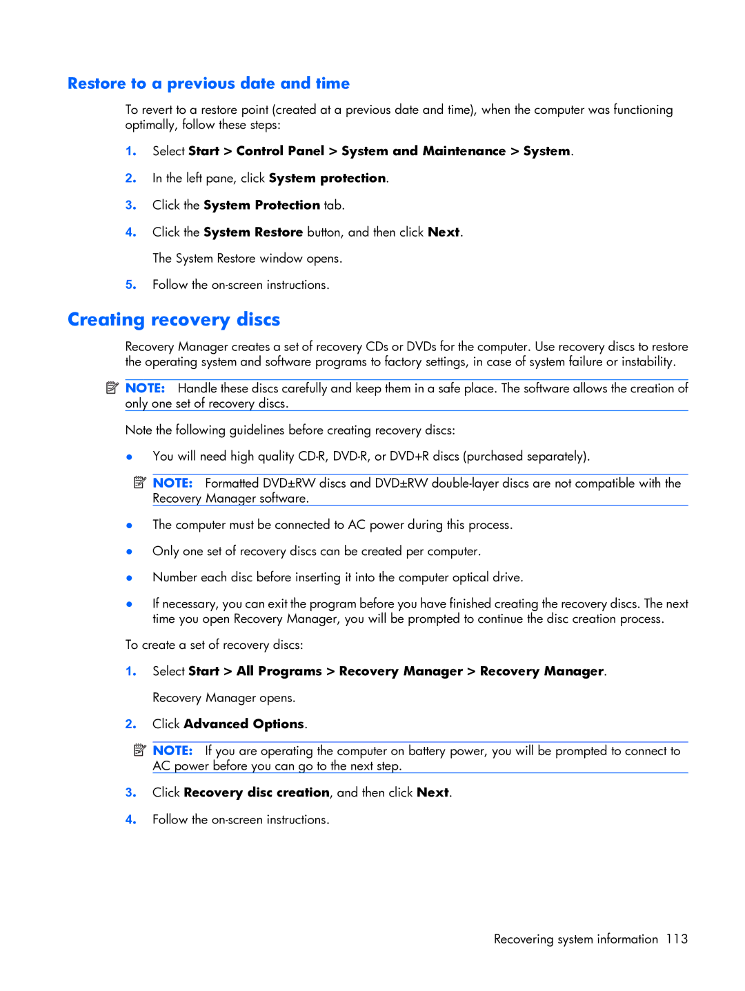 HP DX6500 manual Creating recovery discs, Restore to a previous date and time 