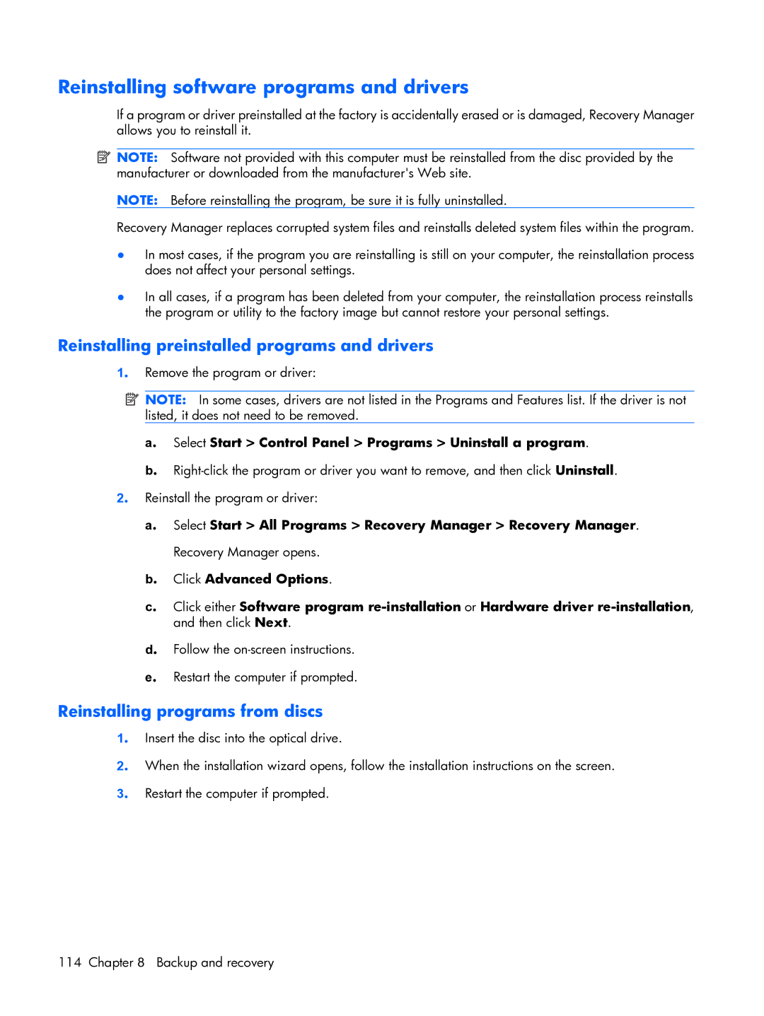 HP DX6500 manual Reinstalling software programs and drivers, Reinstalling preinstalled programs and drivers 