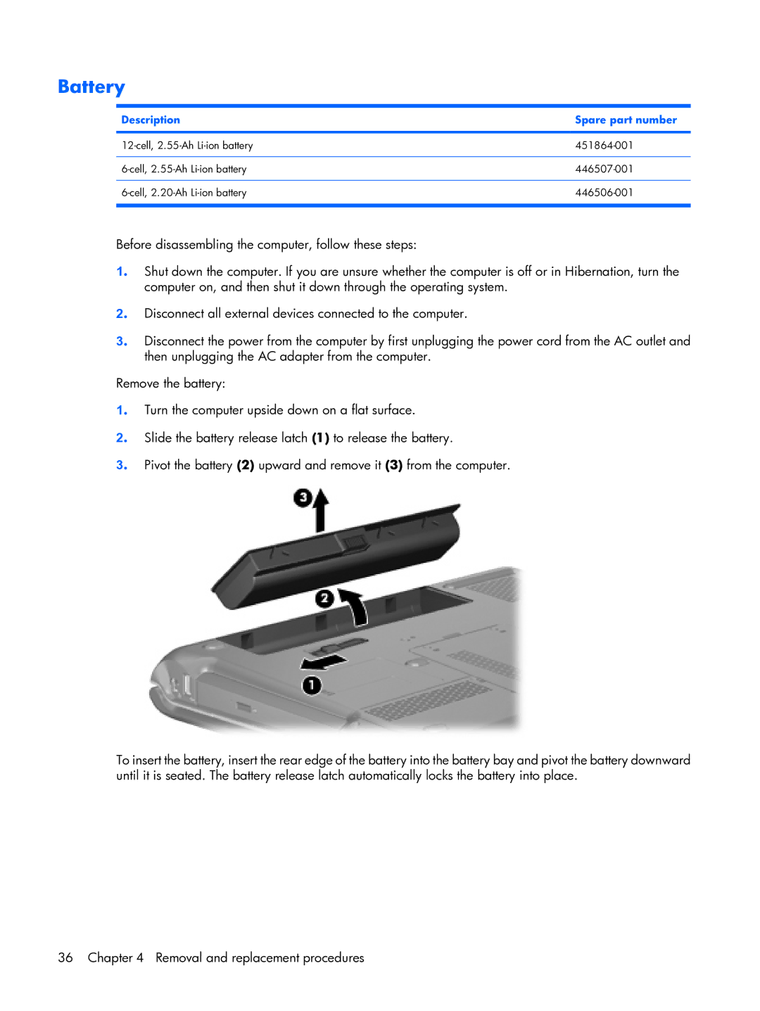 HP DX6500 manual Battery, Description Spare part number 