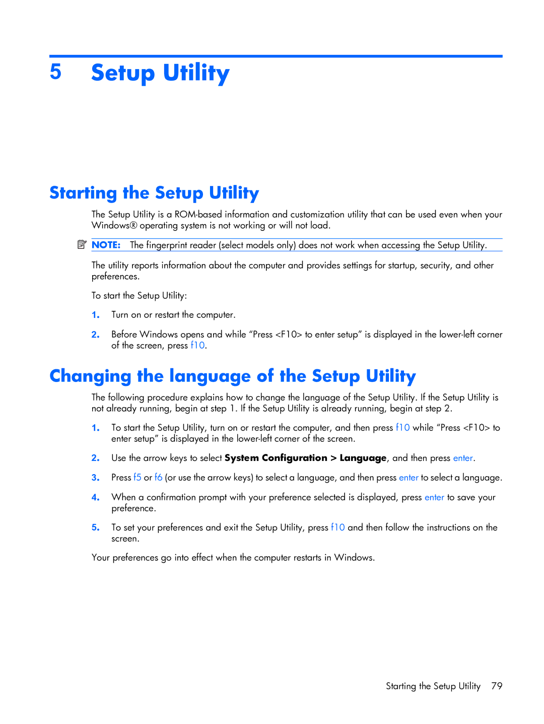 HP DX6500 manual Starting the Setup Utility, Changing the language of the Setup Utility 