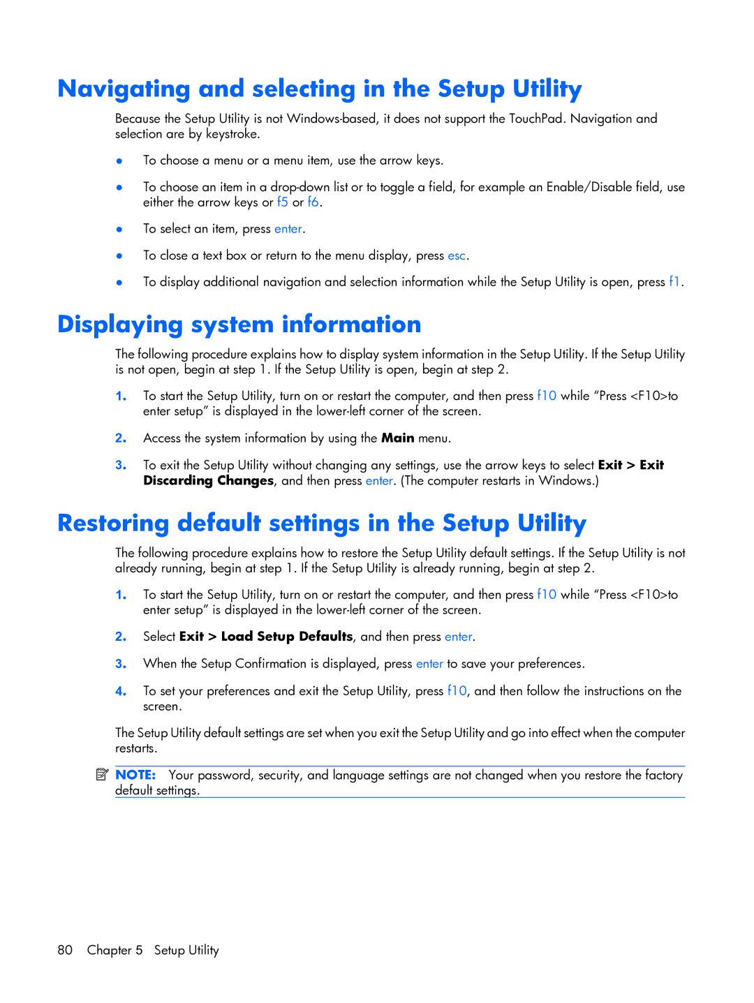 HP DX6500 manual Navigating and selecting in the Setup Utility, Displaying system information 