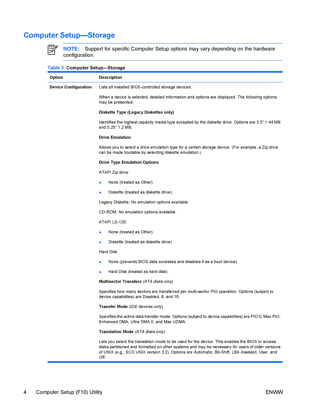 HP dx7300 manual Computer Setup-Storage 