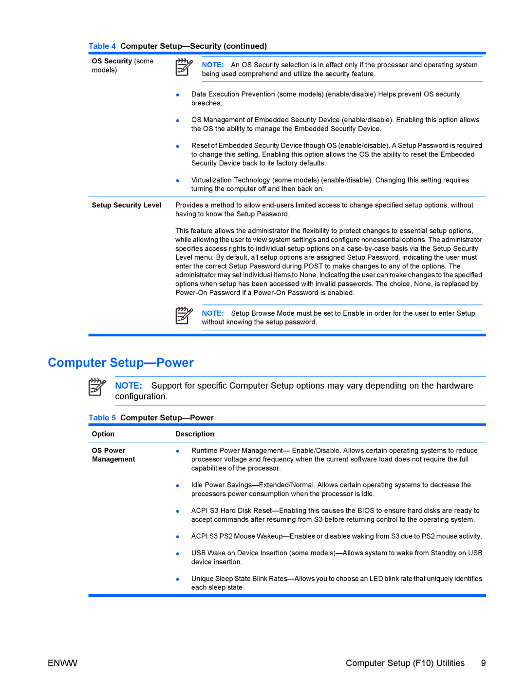 HP dx7300 manual Computer Setup-Power, OS Security some, Option Description OS Power, Management 