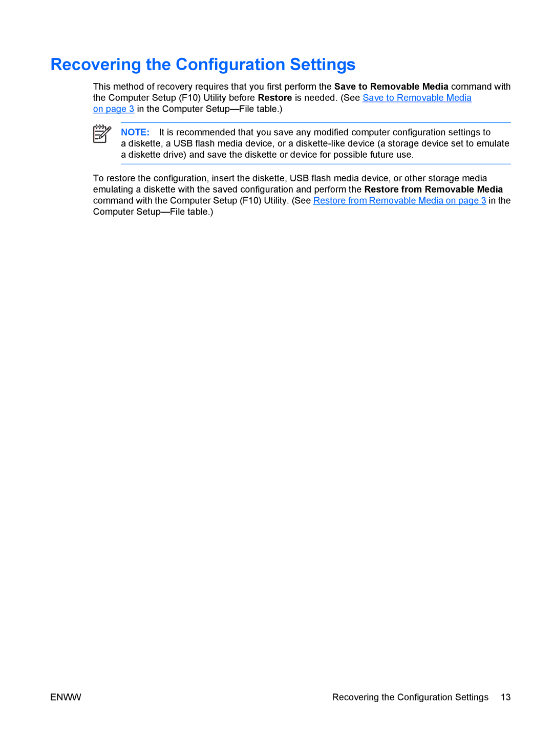 HP dx7300 manual Recovering the Configuration Settings 