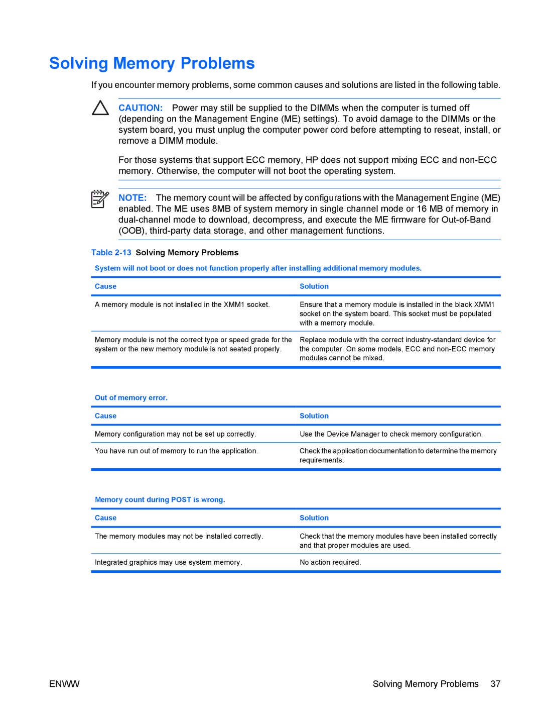 HP dx7300 manual 13Solving Memory Problems, Out of memory error Cause Solution 