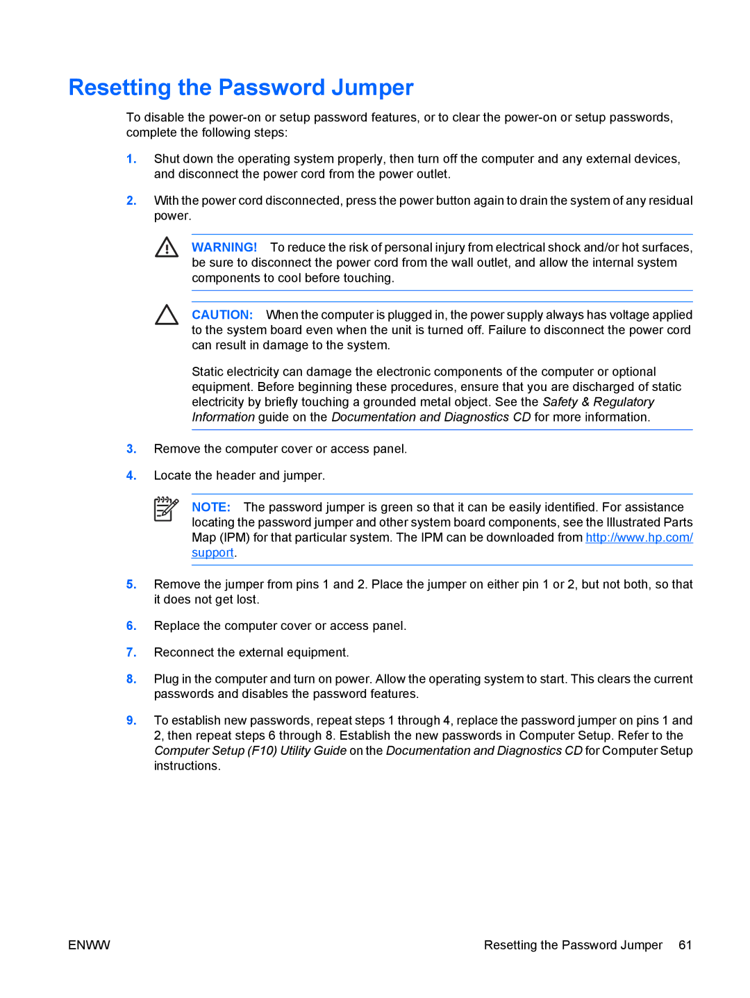 HP dx7300 manual Resetting the Password Jumper 