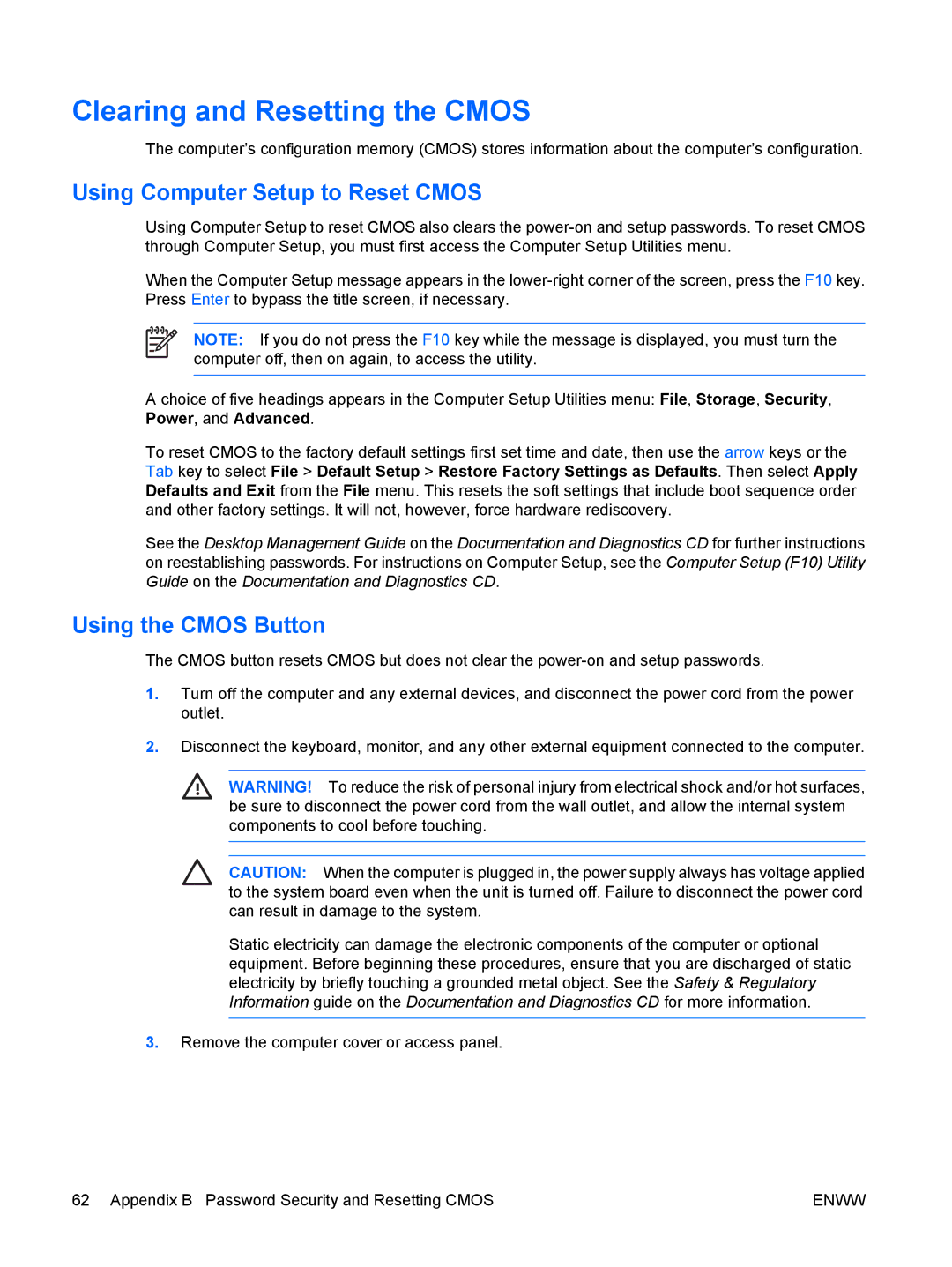 HP dx7300 manual Clearing and Resetting the Cmos, Using Computer Setup to Reset Cmos 