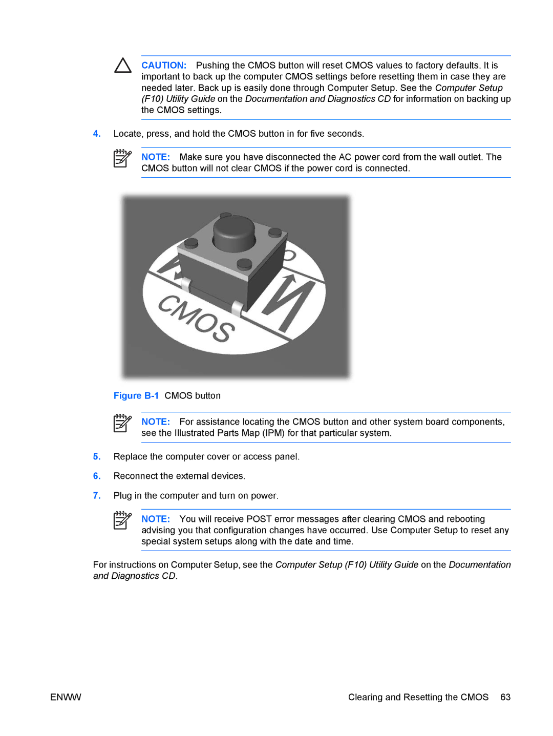 HP dx7300 manual Locate, press, and hold the Cmos button in for five seconds, Figure B-1 Cmos button 