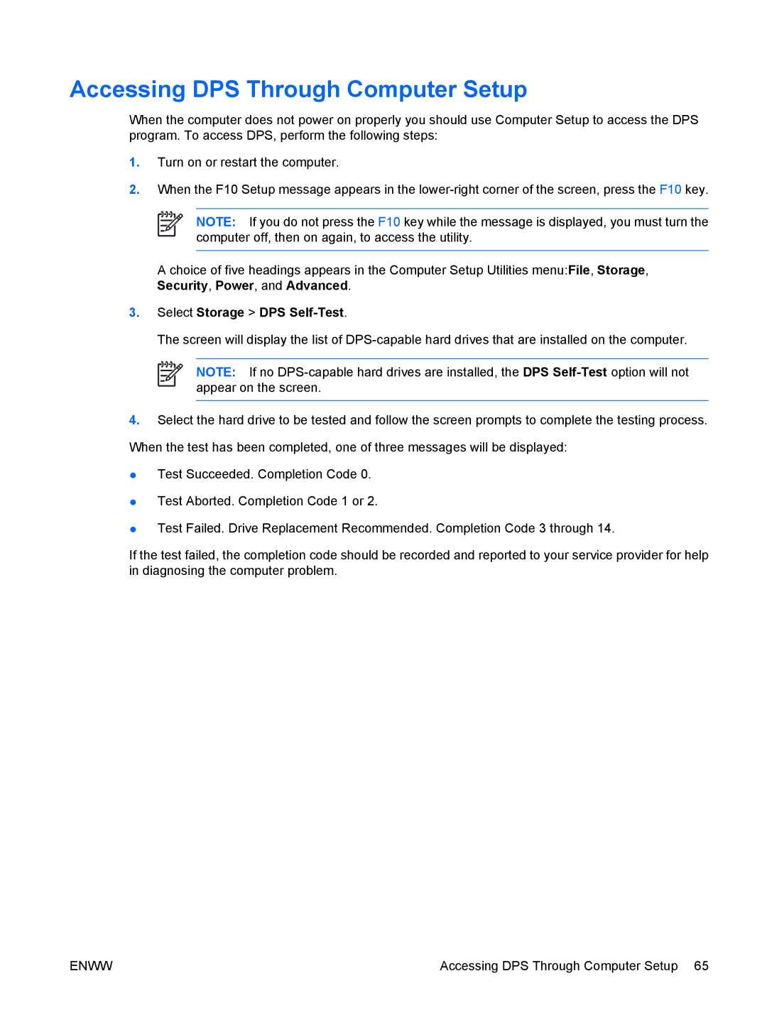 HP dx7300 manual Accessing DPS Through Computer Setup, Select Storage DPS Self-Test 