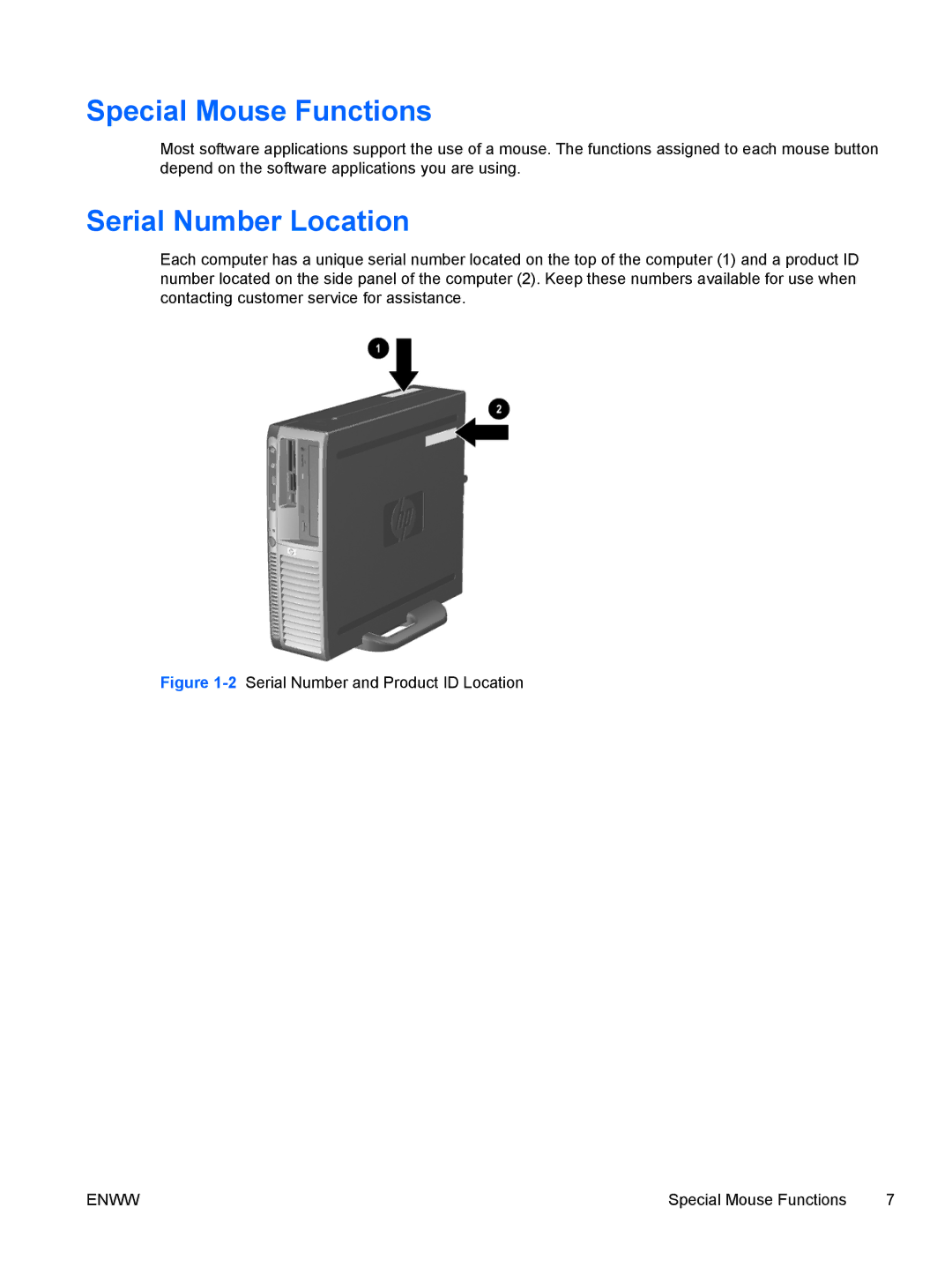 HP dx7300 manual Special Mouse Functions, Serial Number Location 