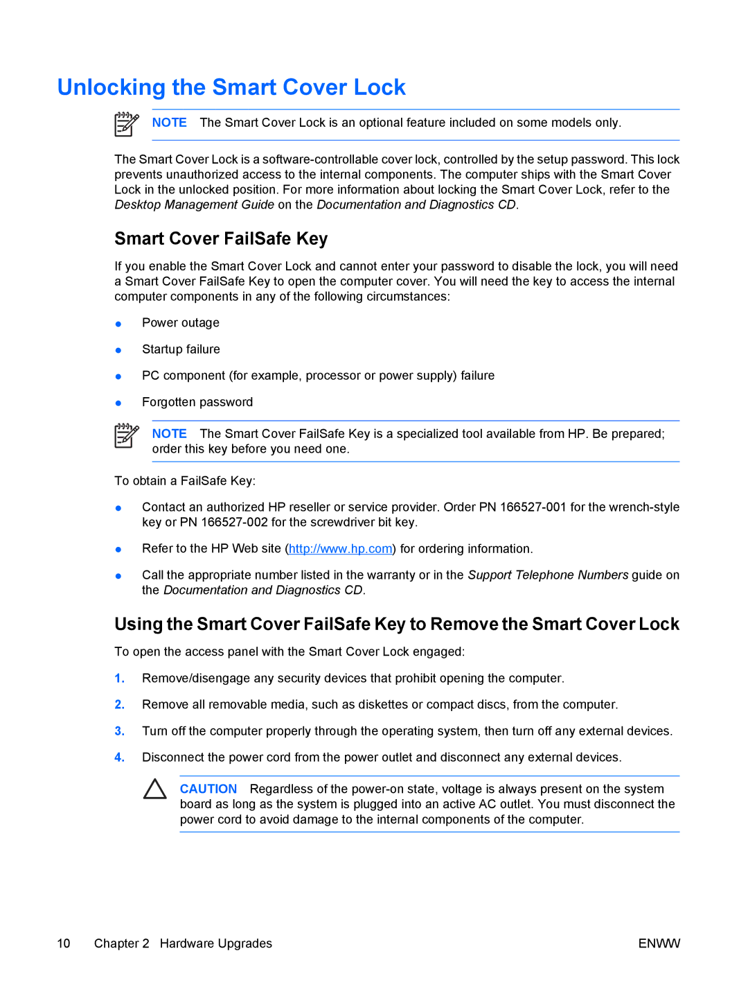 HP dx7300 manual Unlocking the Smart Cover Lock, Smart Cover FailSafe Key 