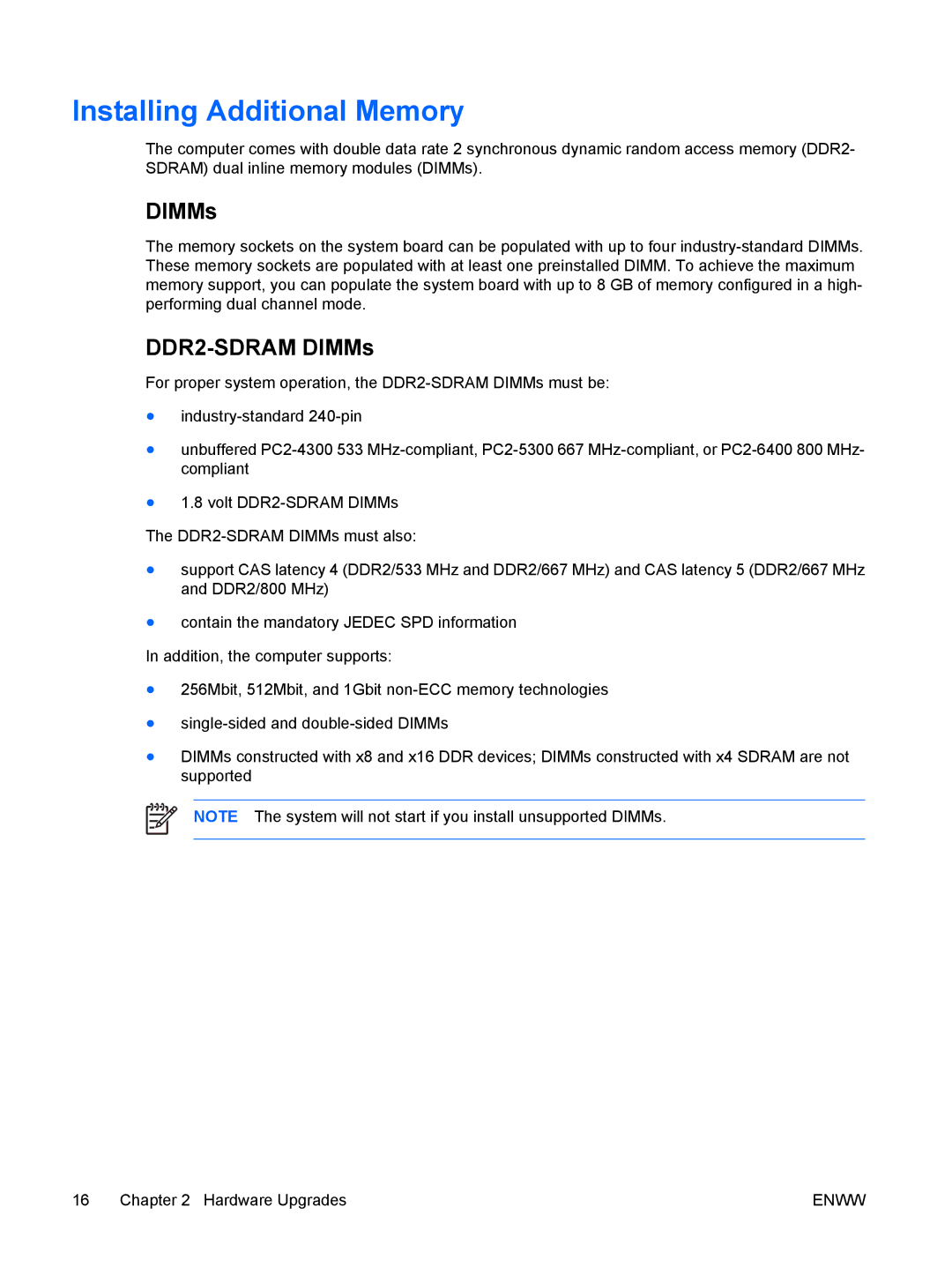 HP dx7300 manual Installing Additional Memory, DDR2-SDRAM DIMMs 