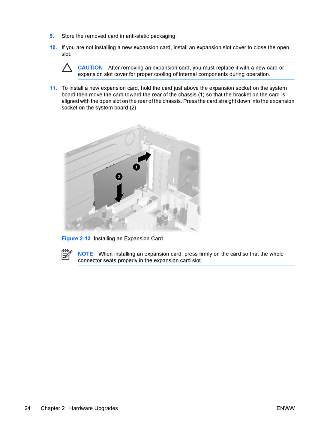 HP dx7300 manual 13Installing an Expansion Card Hardware Upgrades 