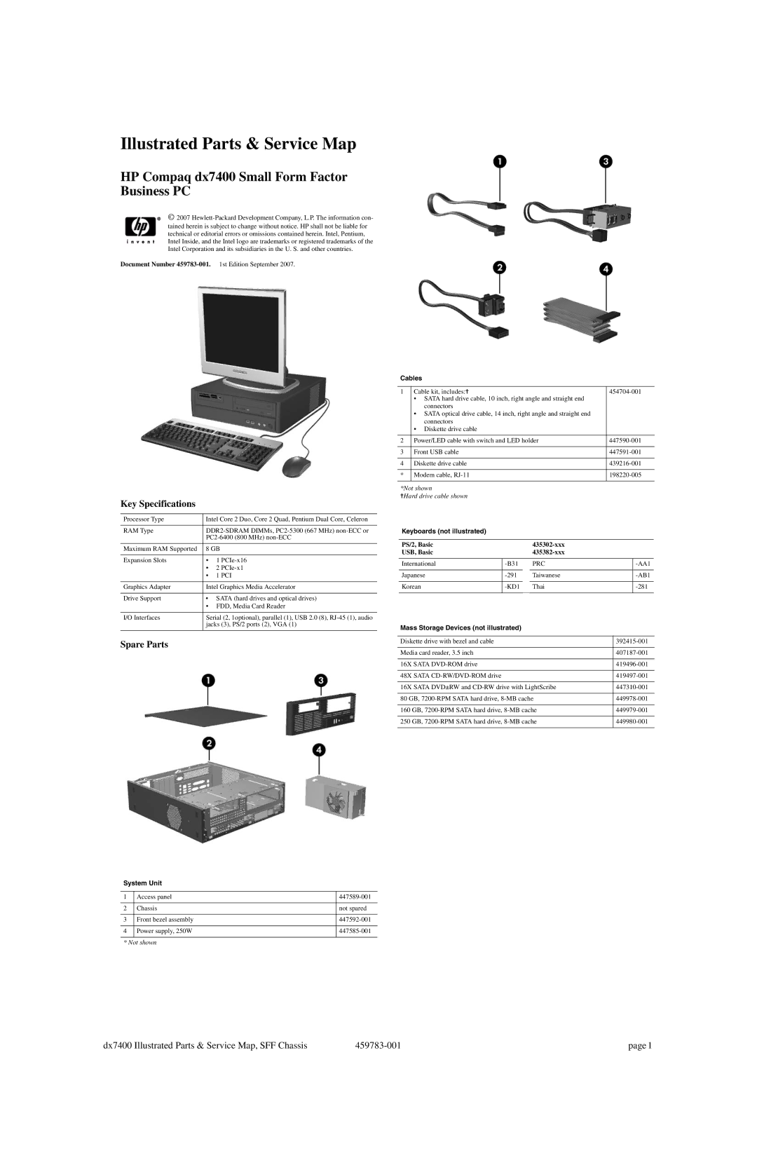 HP dx7400 manual Key Specifications, Spare Parts 