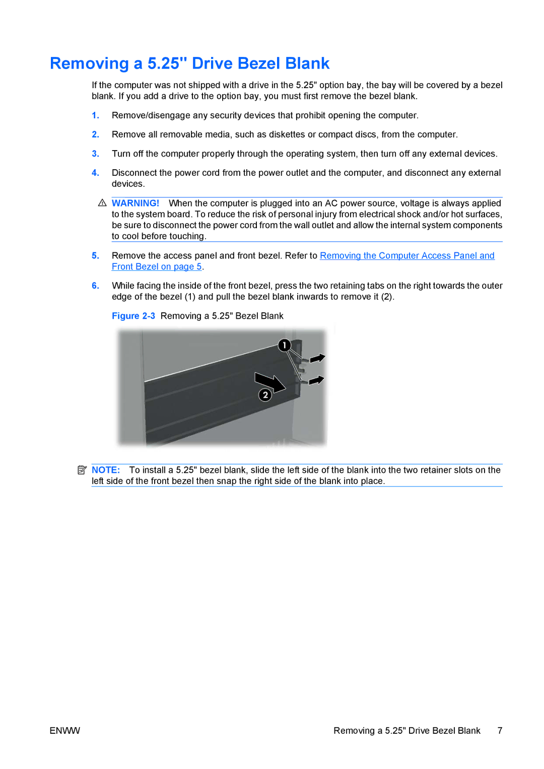 HP dx7400 manual Removing a 5.25 Drive Bezel Blank, 3Removing a 5.25 Bezel Blank 