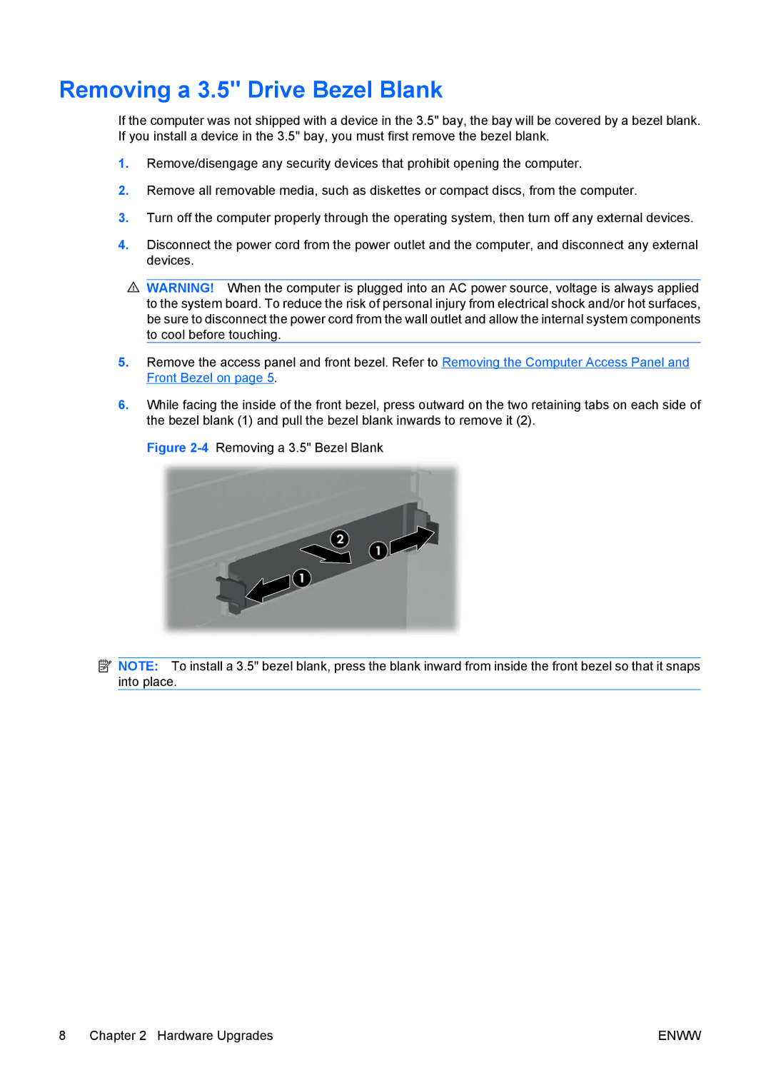 HP dx7400 manual Removing a 3.5 Drive Bezel Blank, 4Removing a 3.5 Bezel Blank Hardware Upgrades 