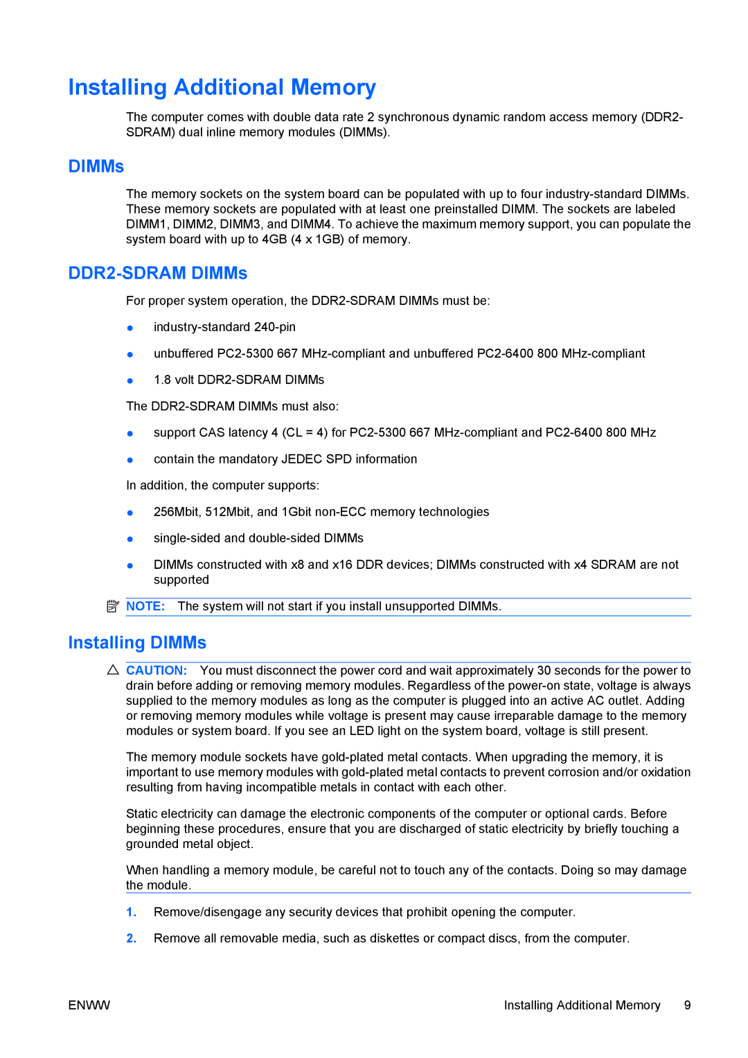 HP dx7400 manual Installing Additional Memory, DDR2-SDRAM DIMMs, Installing DIMMs 