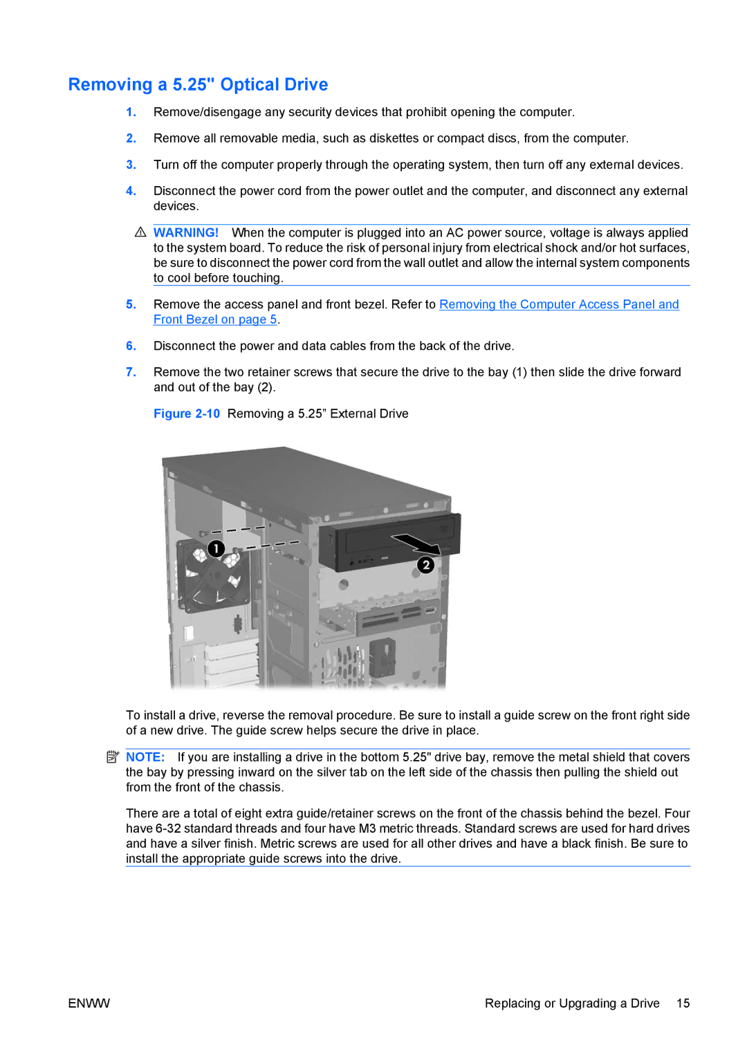 HP dx7400 manual Removing a 5.25 Optical Drive 