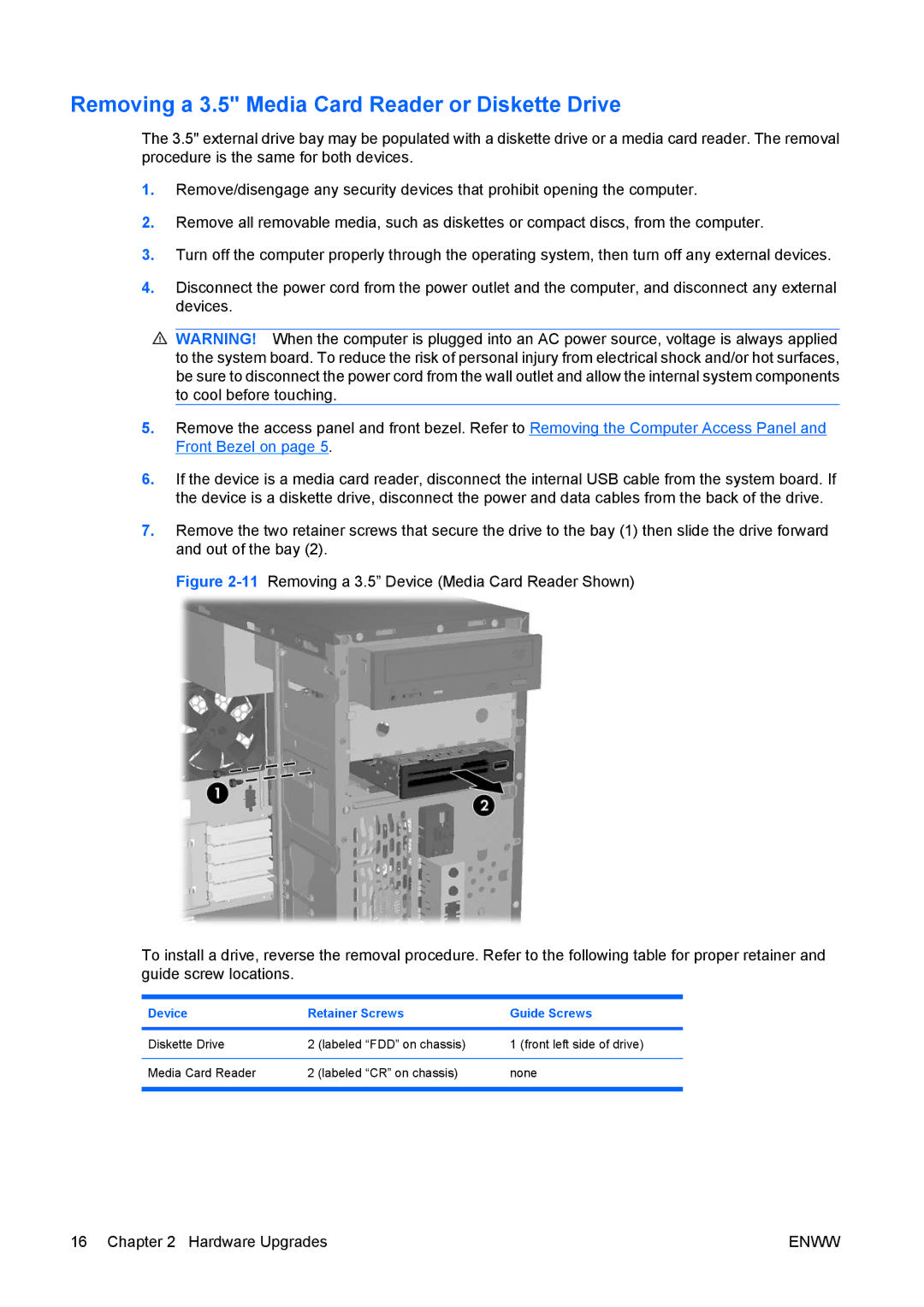 HP dx7400 manual Removing a 3.5 Media Card Reader or Diskette Drive, Device Retainer Screws Guide Screws 