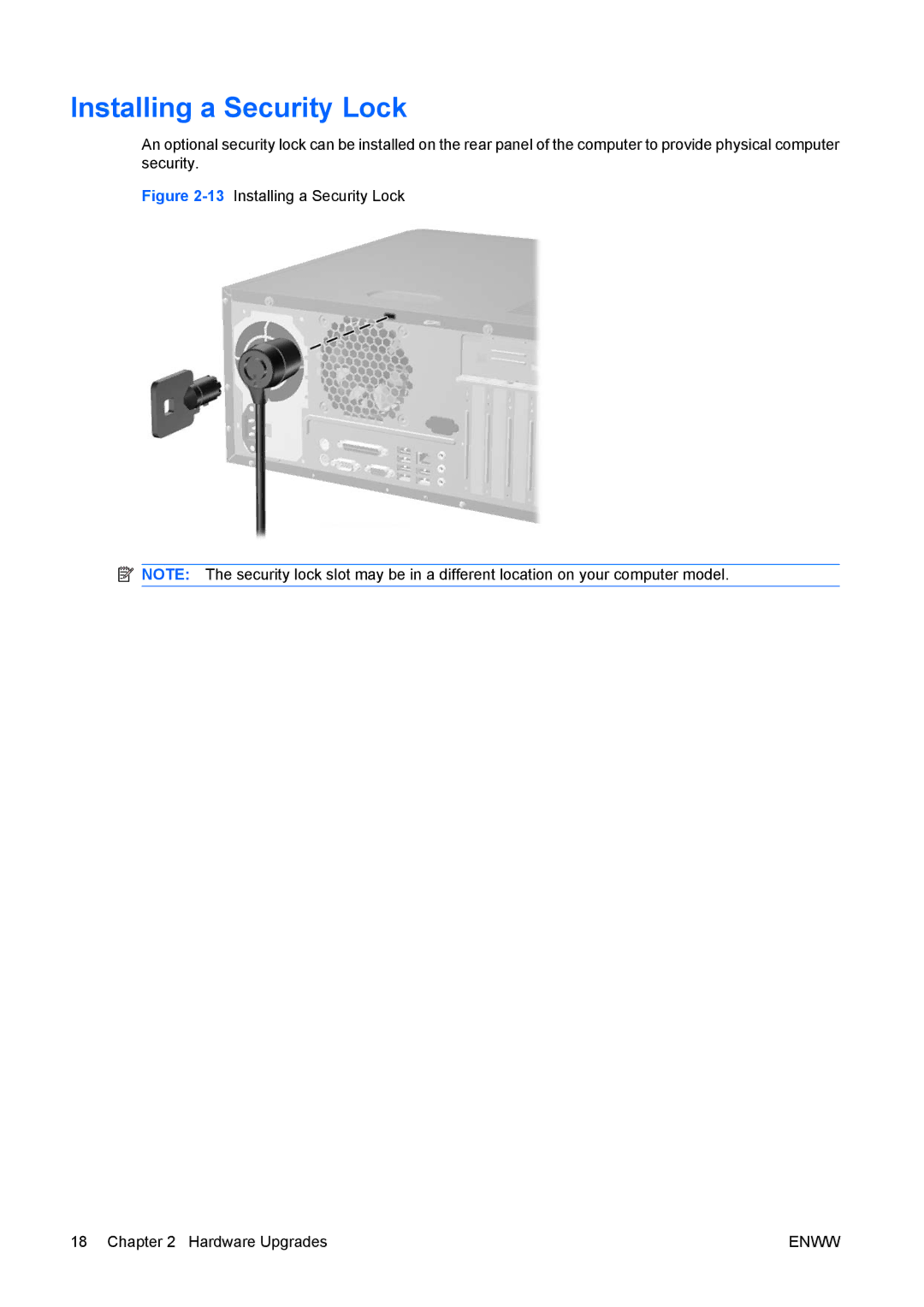 HP dx7400 manual 13Installing a Security Lock Hardware Upgrades 