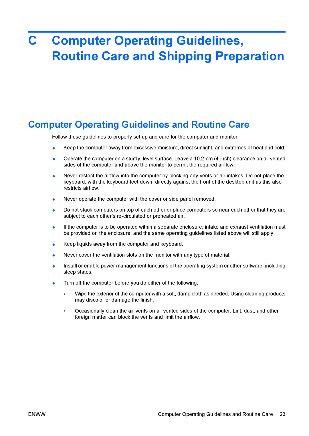 HP dx7400 manual Computer Operating Guidelines and Routine Care 