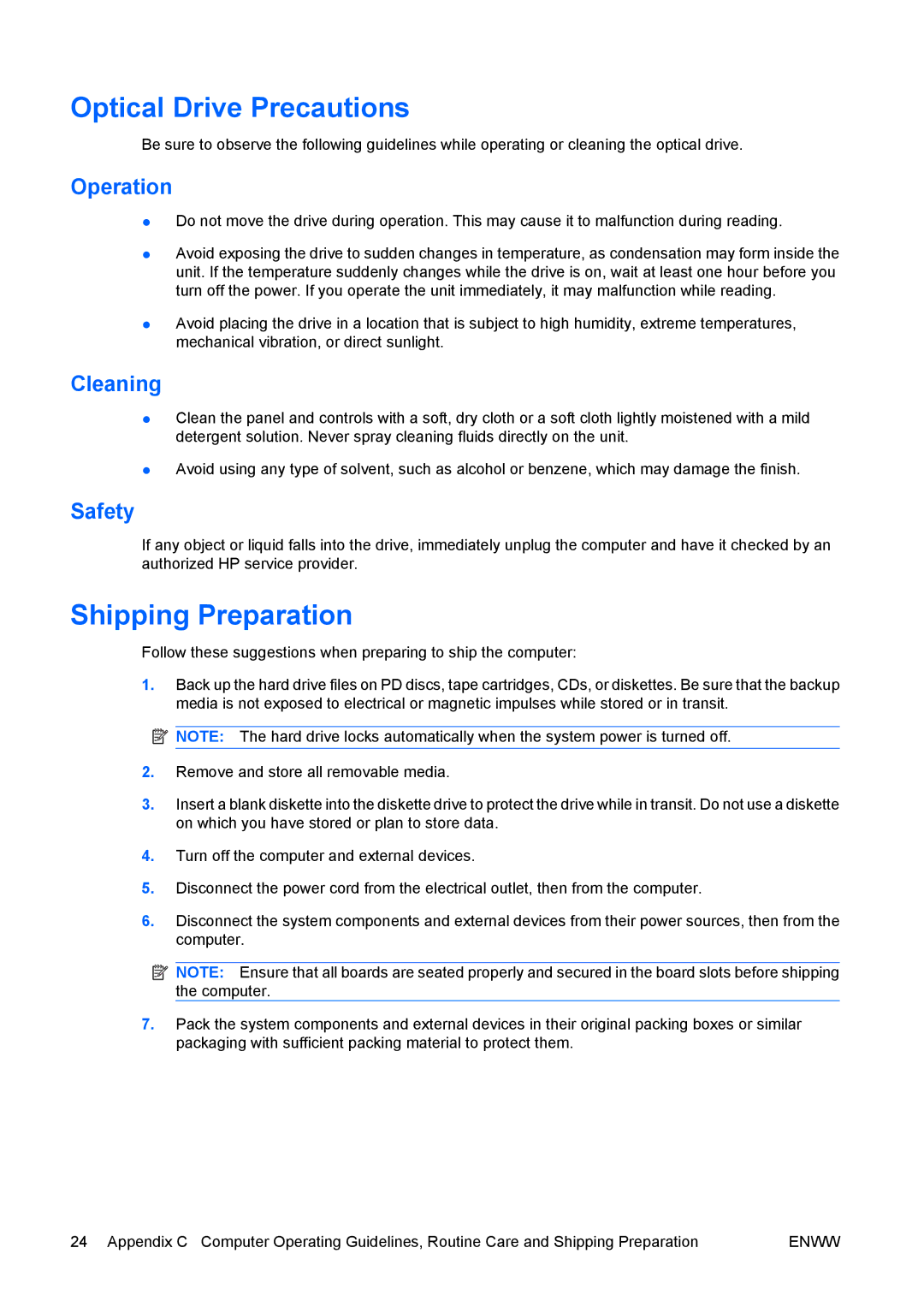 HP dx7400 manual Optical Drive Precautions, Shipping Preparation, Operation, Cleaning, Safety 