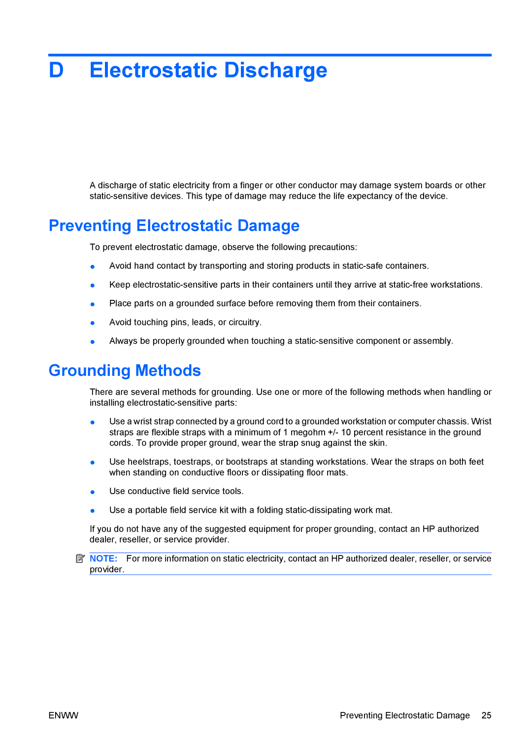 HP dx7400 manual Electrostatic Discharge, Preventing Electrostatic Damage, Grounding Methods 