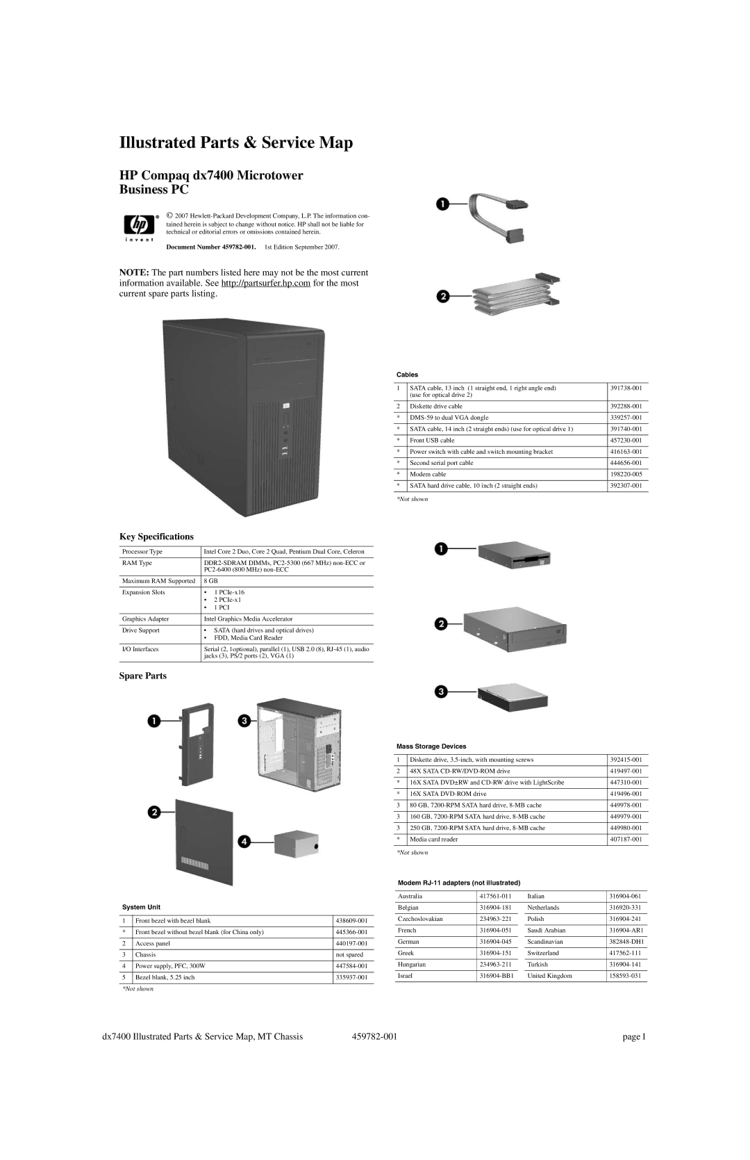 HP dx7400 manual Key Specifications, Spare Parts 