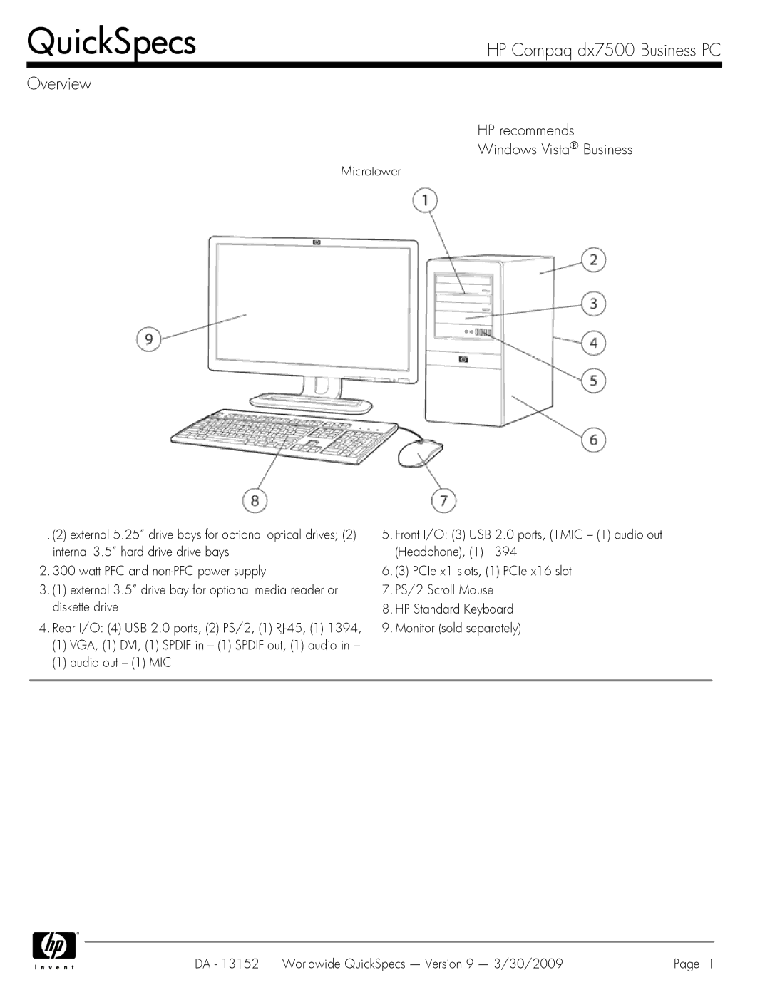 HP DX7500 manual QuickSpecs 