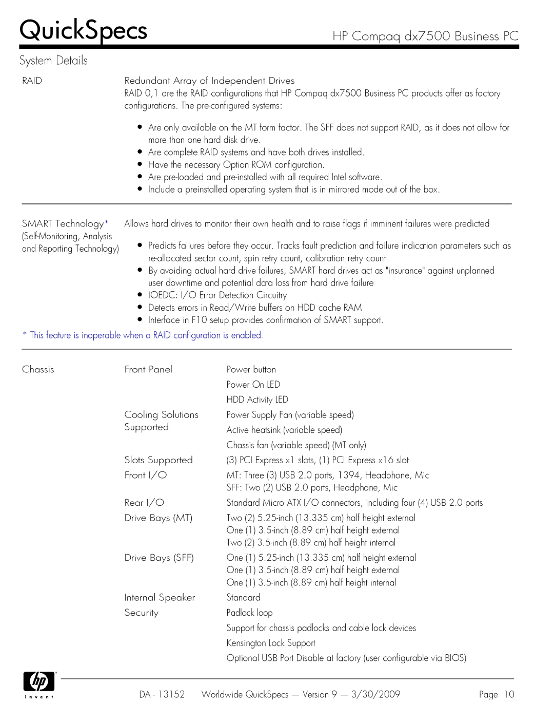 HP DX7500 manual Raid, Redundant Array of Independent Drives, Configurations. The pre-configured systems 