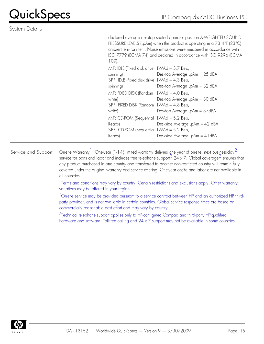 HP DX7500 LWAd = 3.7 Bels, Spinning Desktop Average LpAm = 25 dBA, LWAd = 4.3 Bels, Spinning Desktop Average LpAm = 32 dBA 