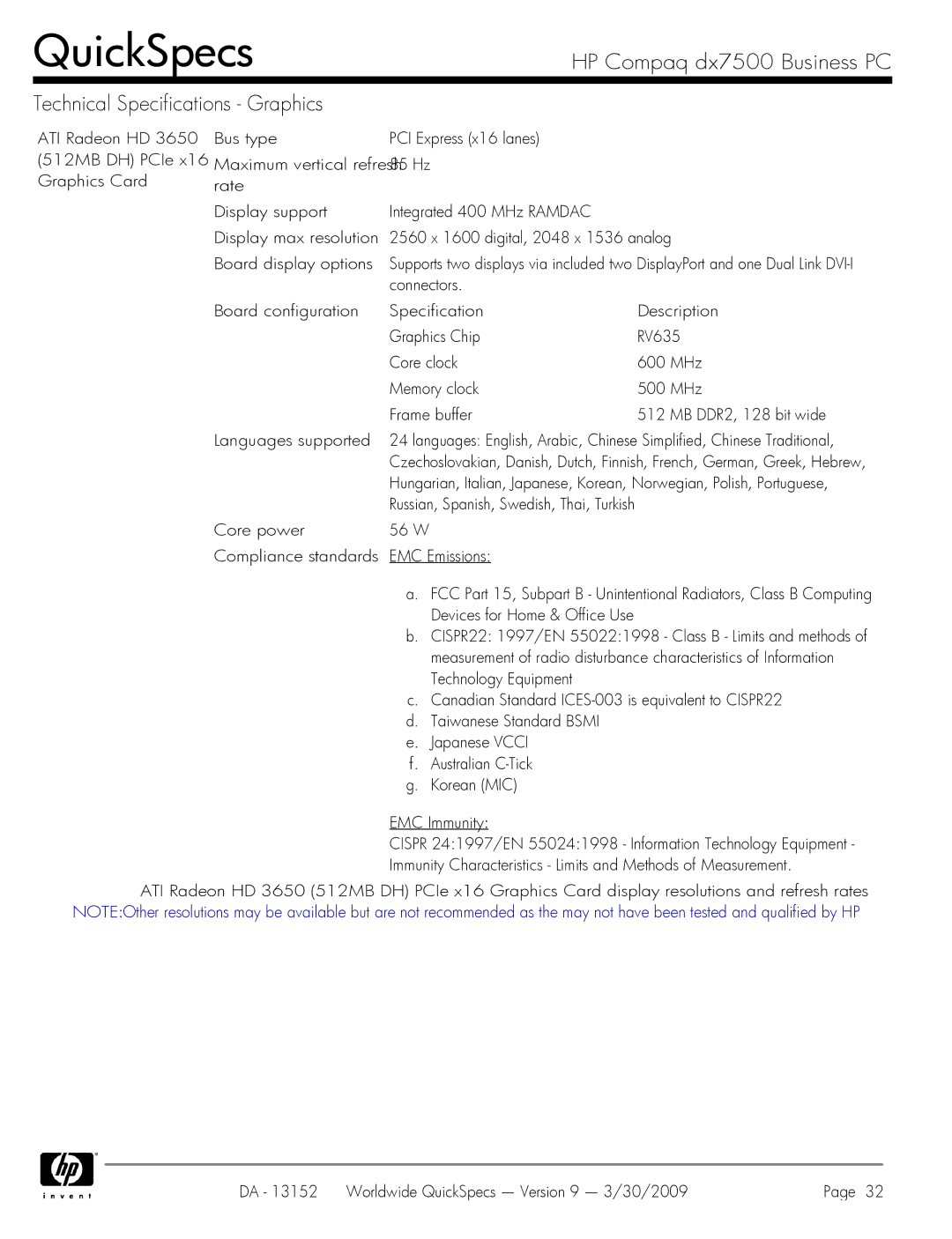 HP DX7500 manual Core power 56 W Compliance standards EMC Emissions 